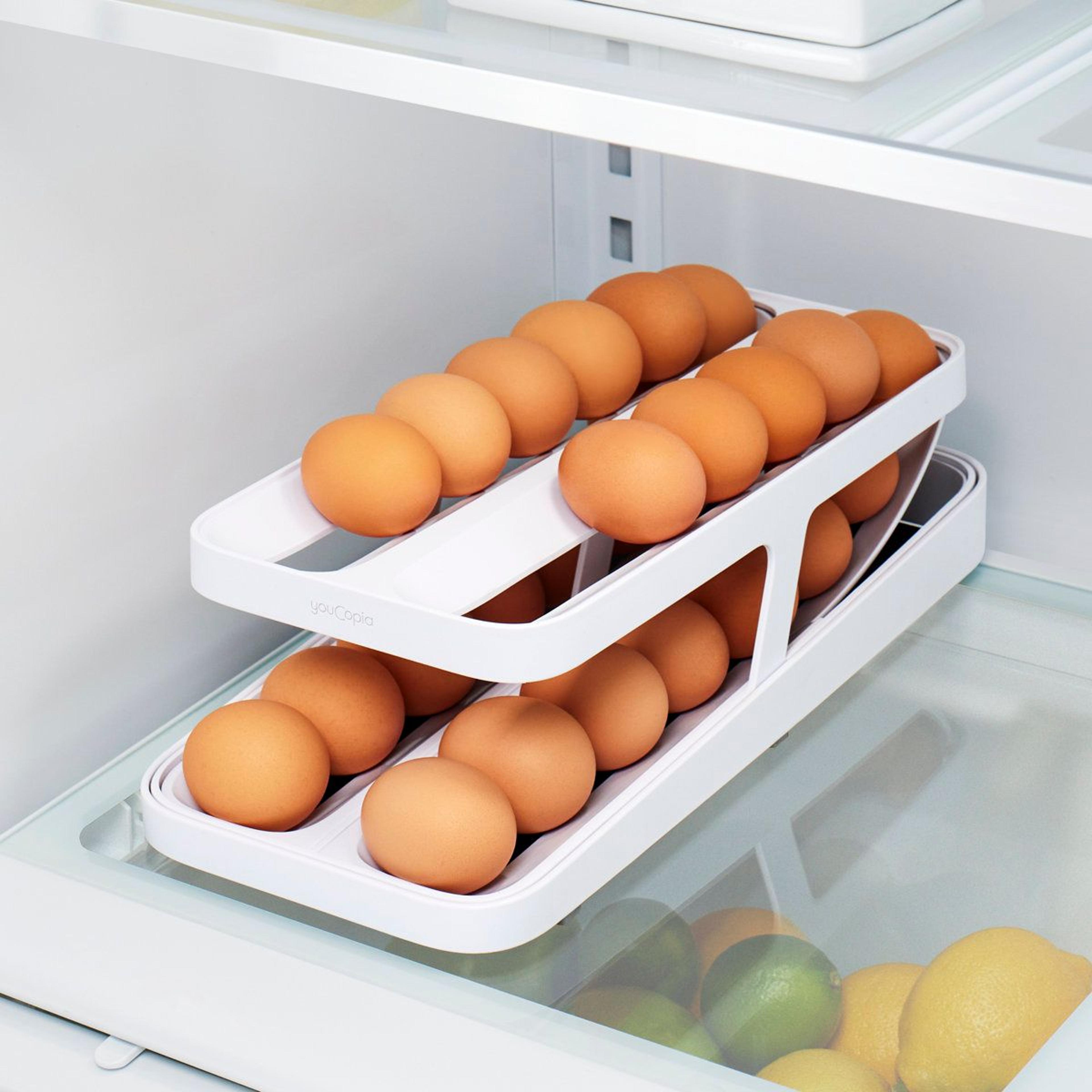 rolldown refrigerator egg dispenser and organizer, double track storage for 24+ eggs