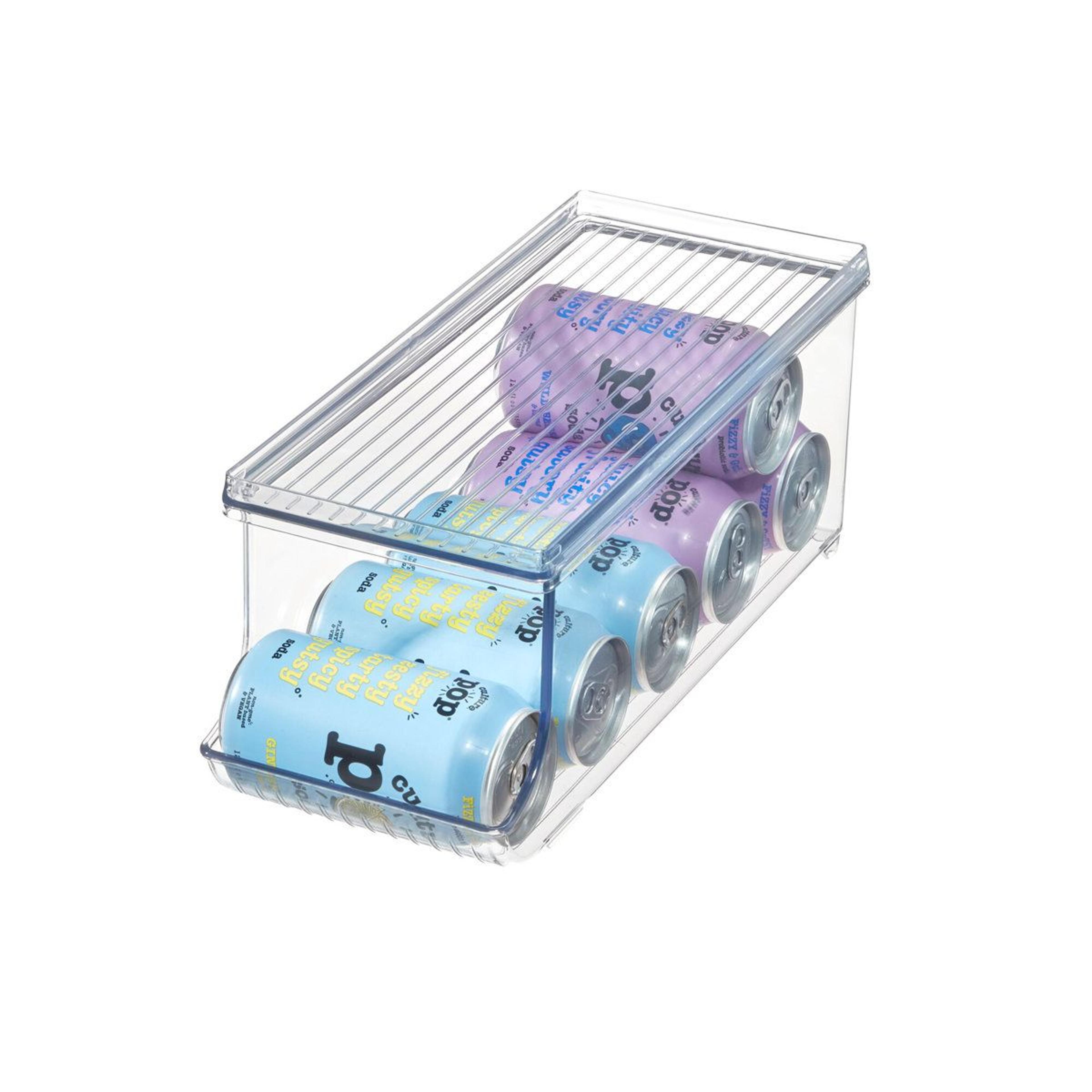 recycled plastic beverage fridge organizer bin with lid for pantry and soda storage