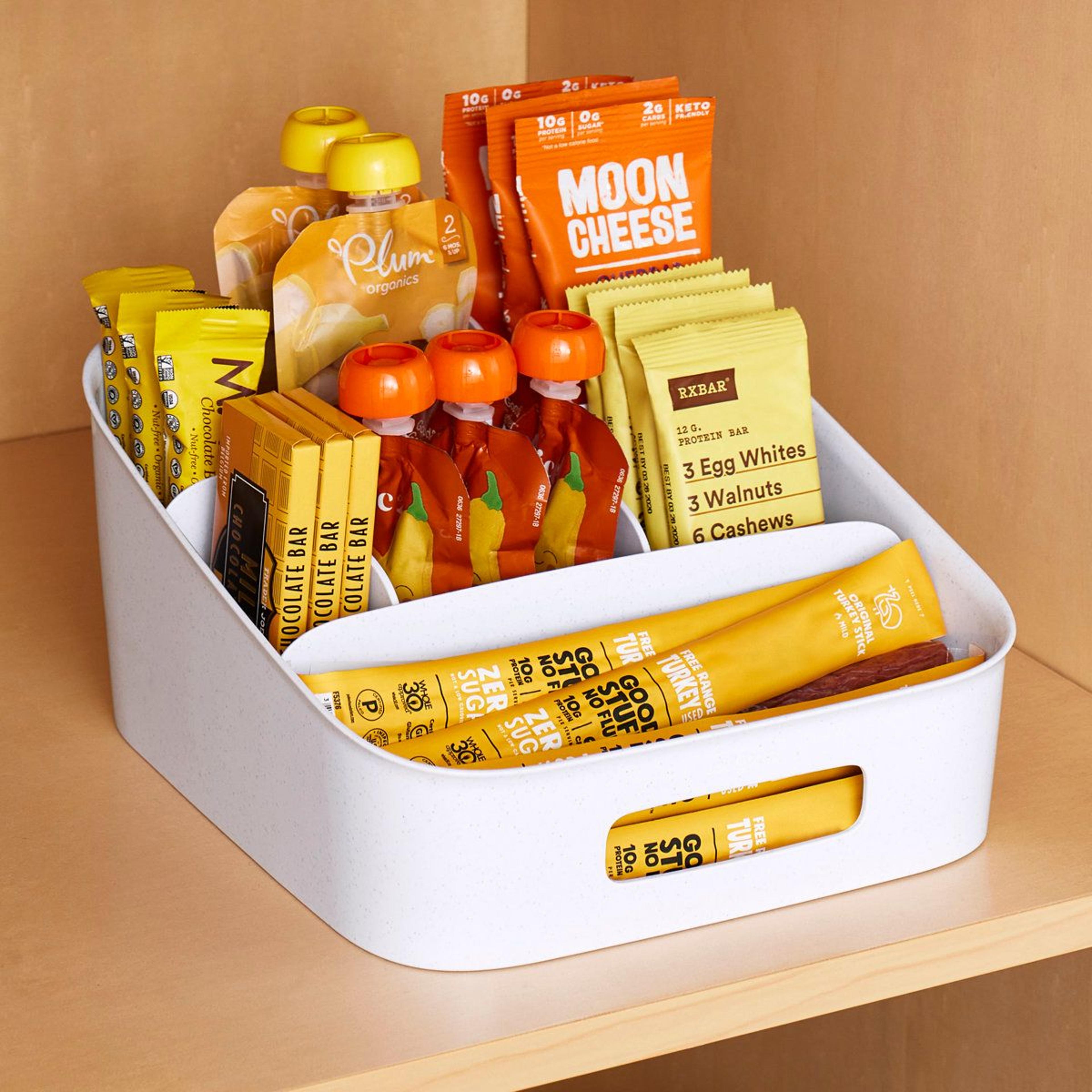 tiered snack organizer and pantry storage basket