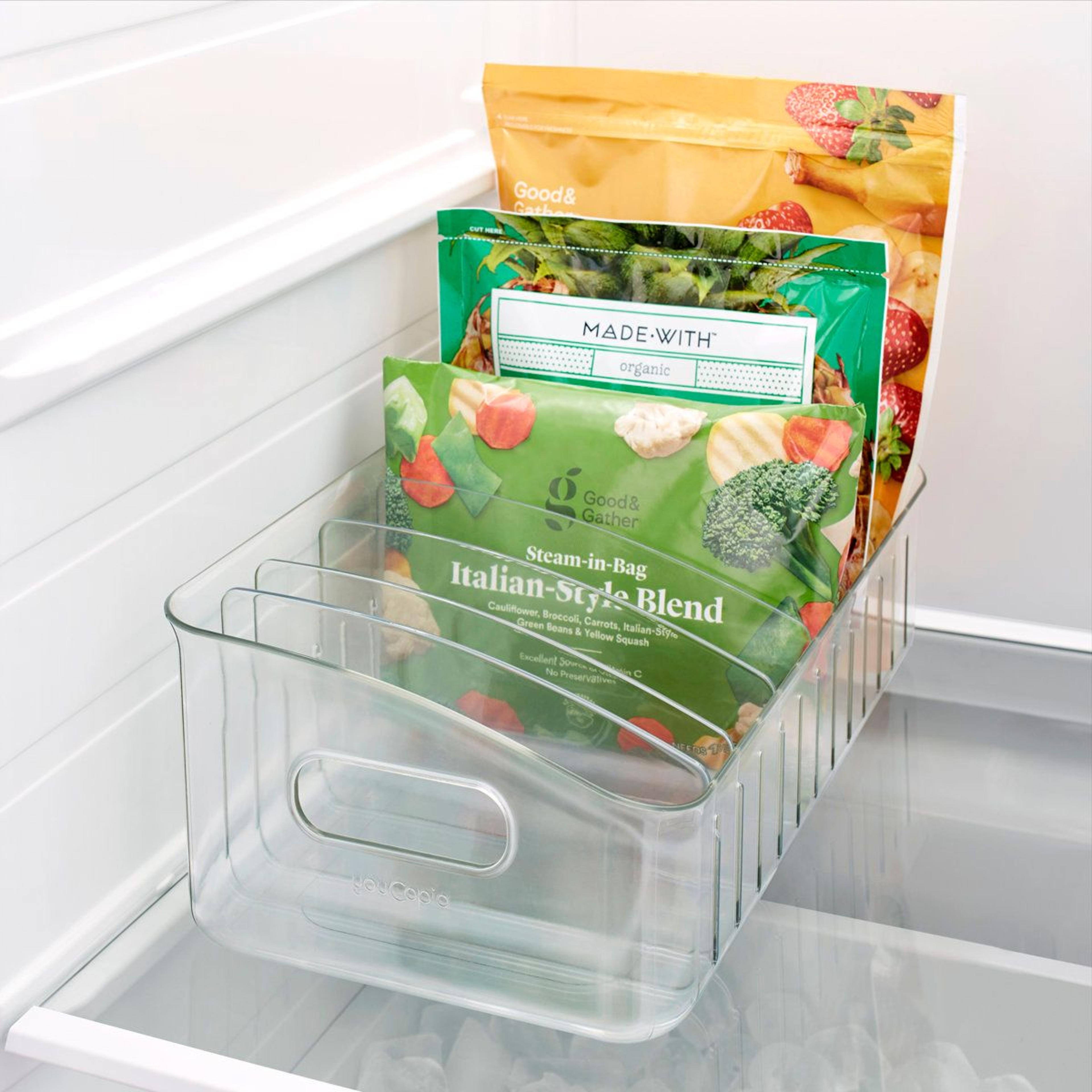 15 inch freezer organizer bin with adjustable dividers for frozen food storage