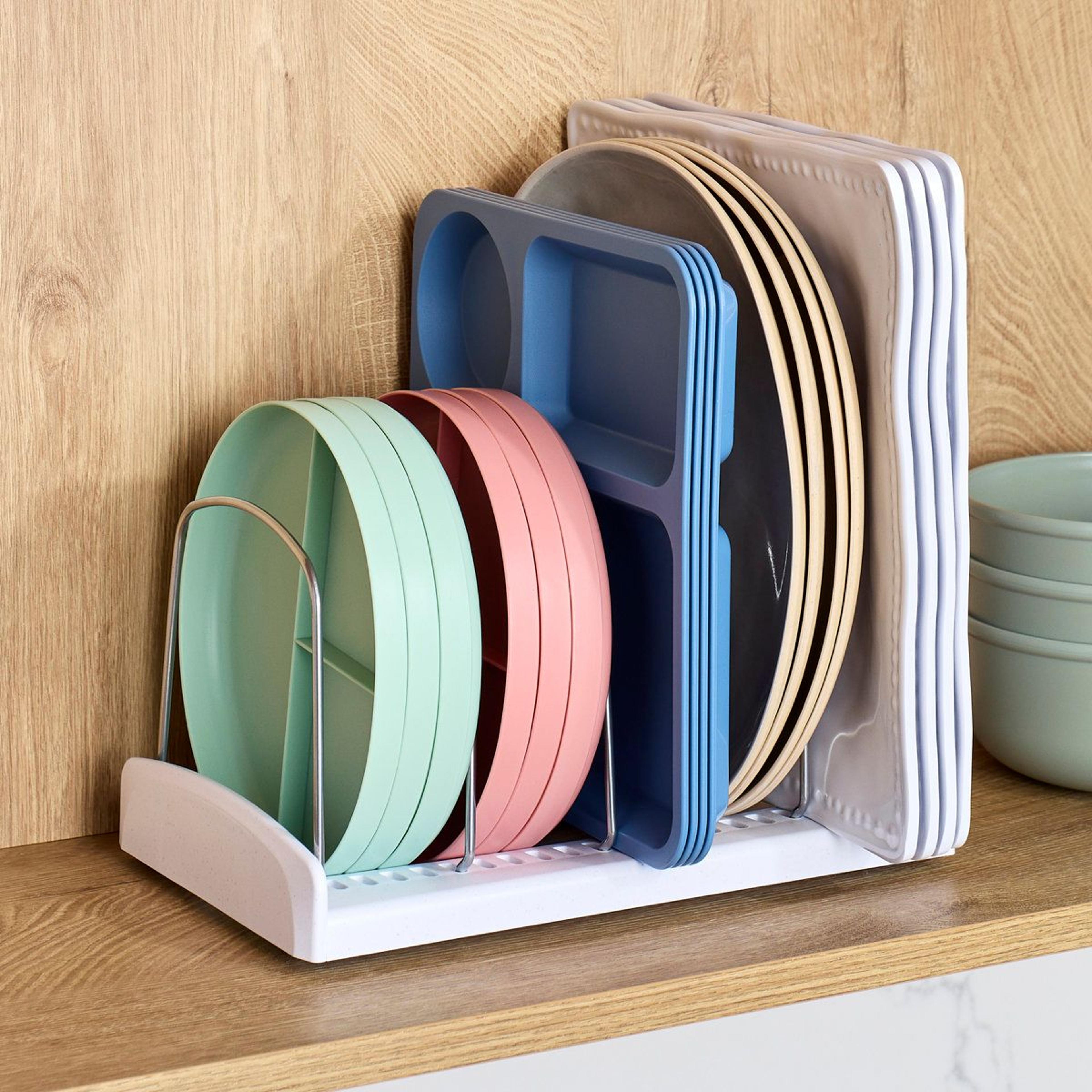 adjustable bakeware organizer for cookie sheets and kitchen cabinet storage