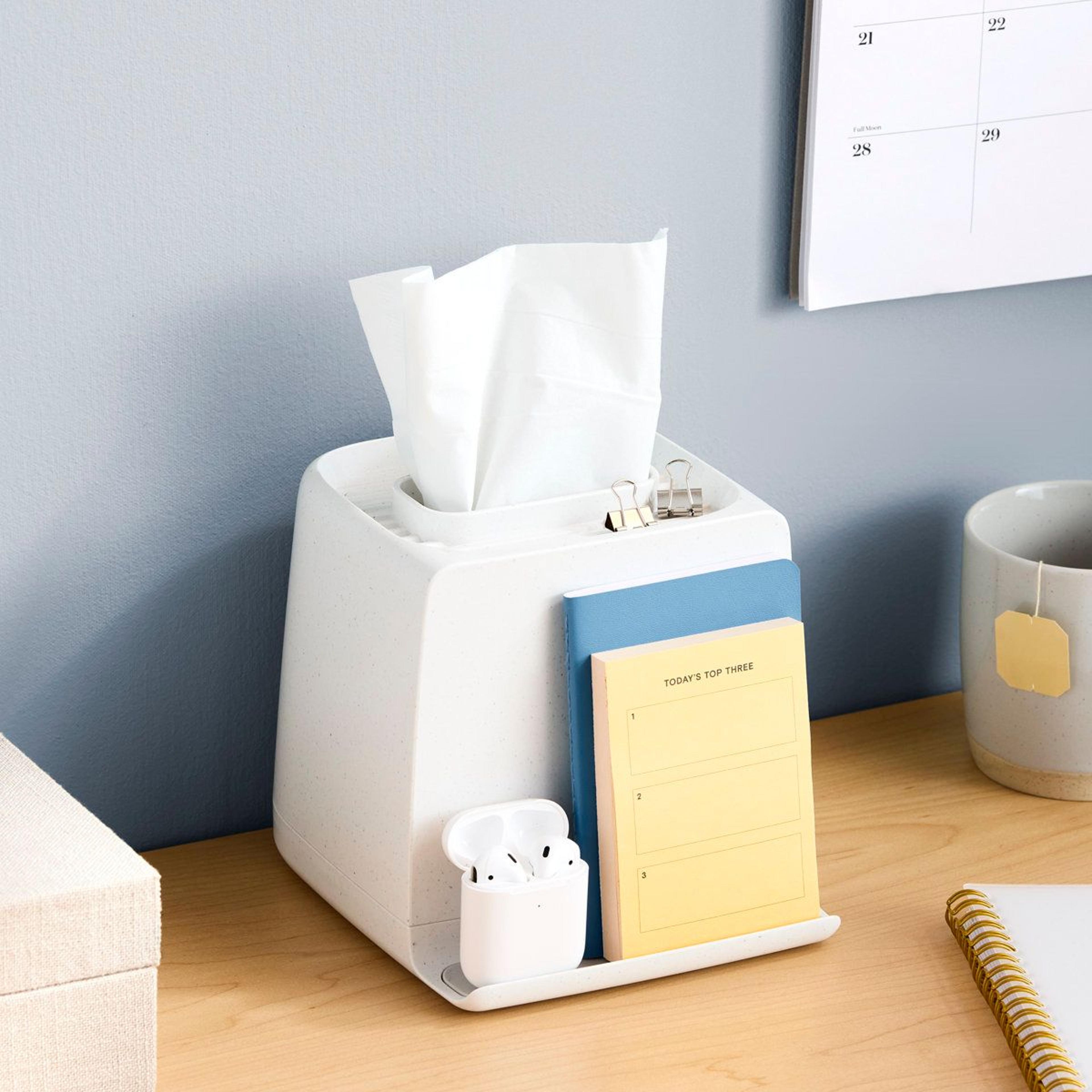 the ledge cube tissue box holder and bathroom countertop organizer with phone stand and storage tray