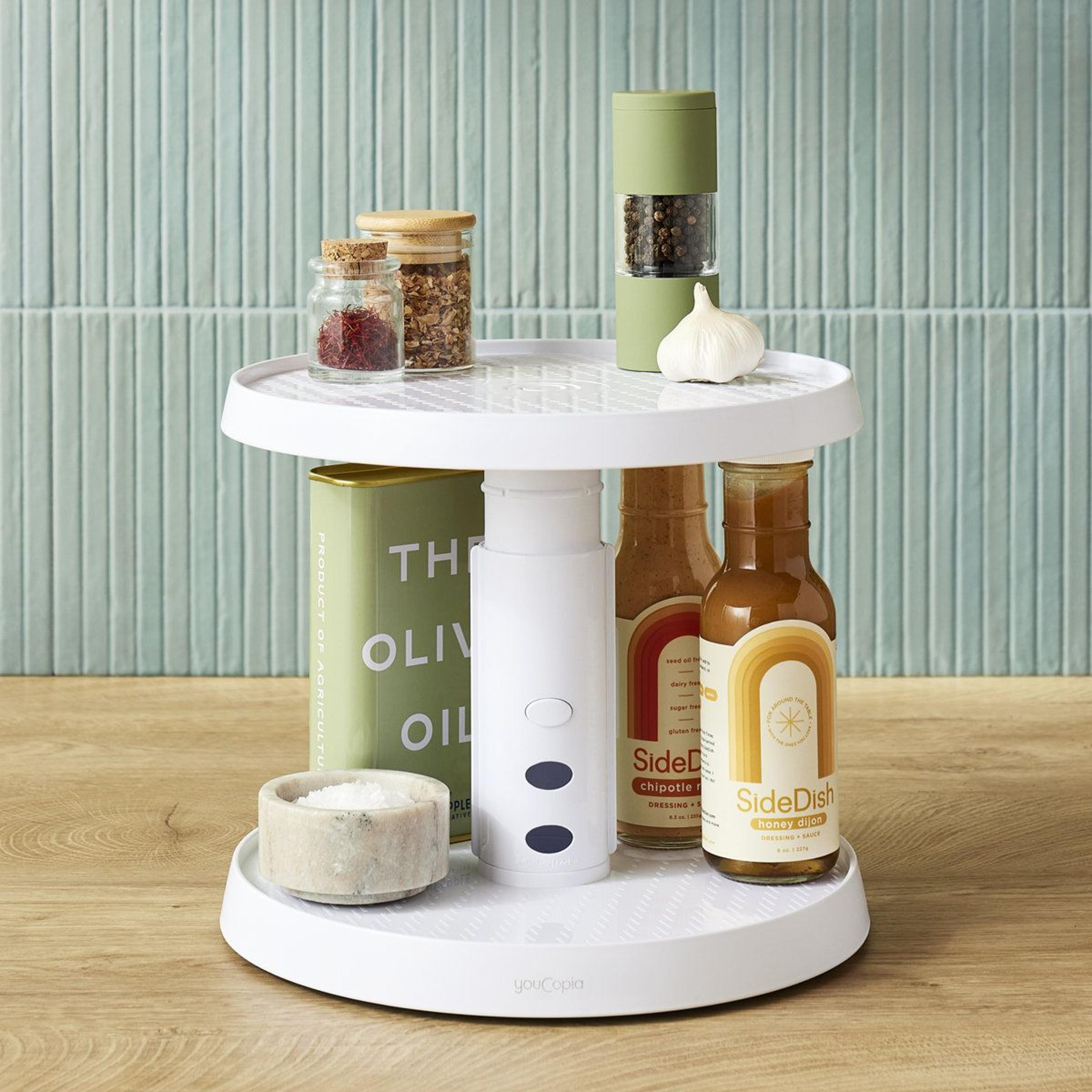 smoothspin two tier turntable adjustable cabinet organizer and spinning spice rack for pantry storage