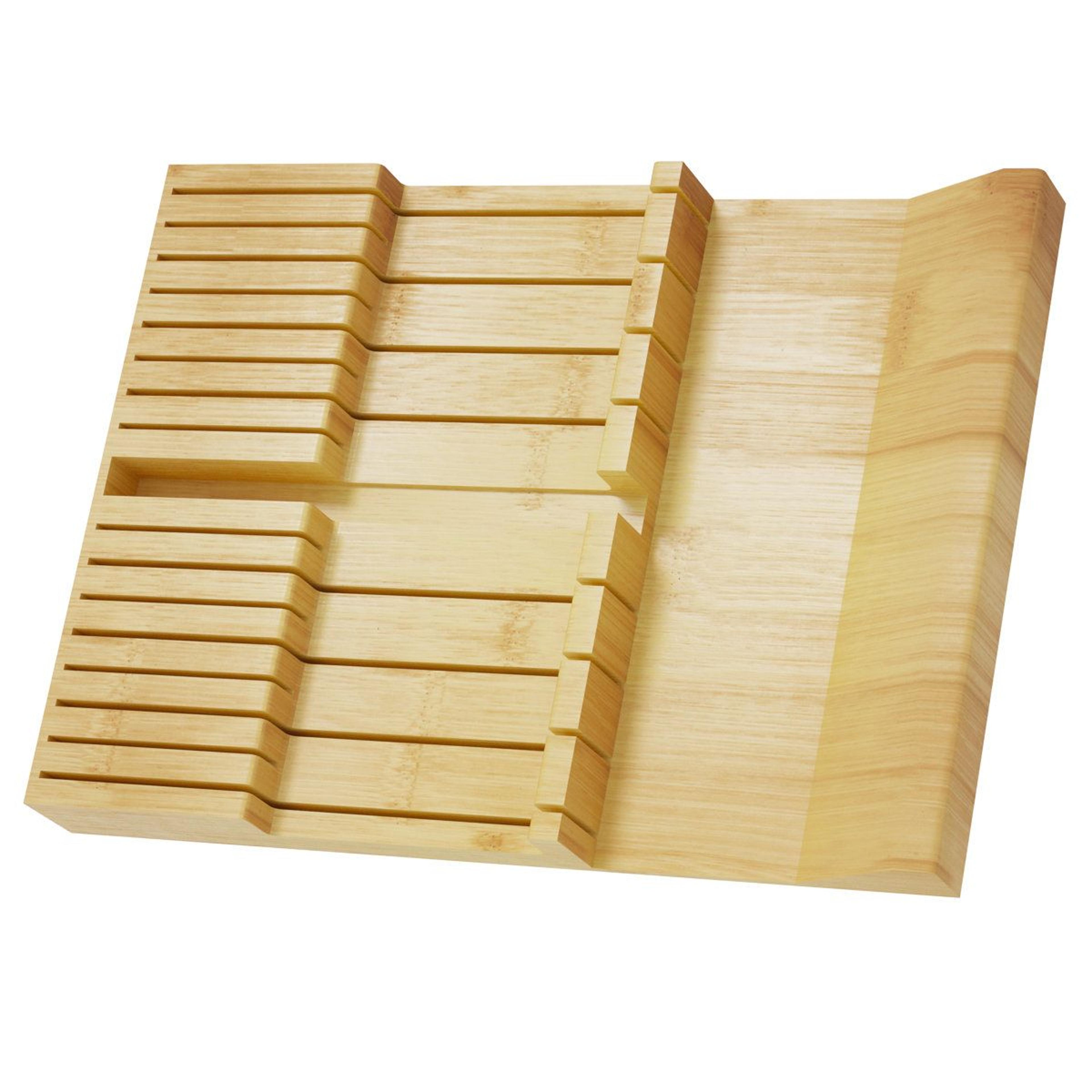 bamboo knife drawer organizer insert with 16 slots and knife sharpener holder for kitchen cutlery storage