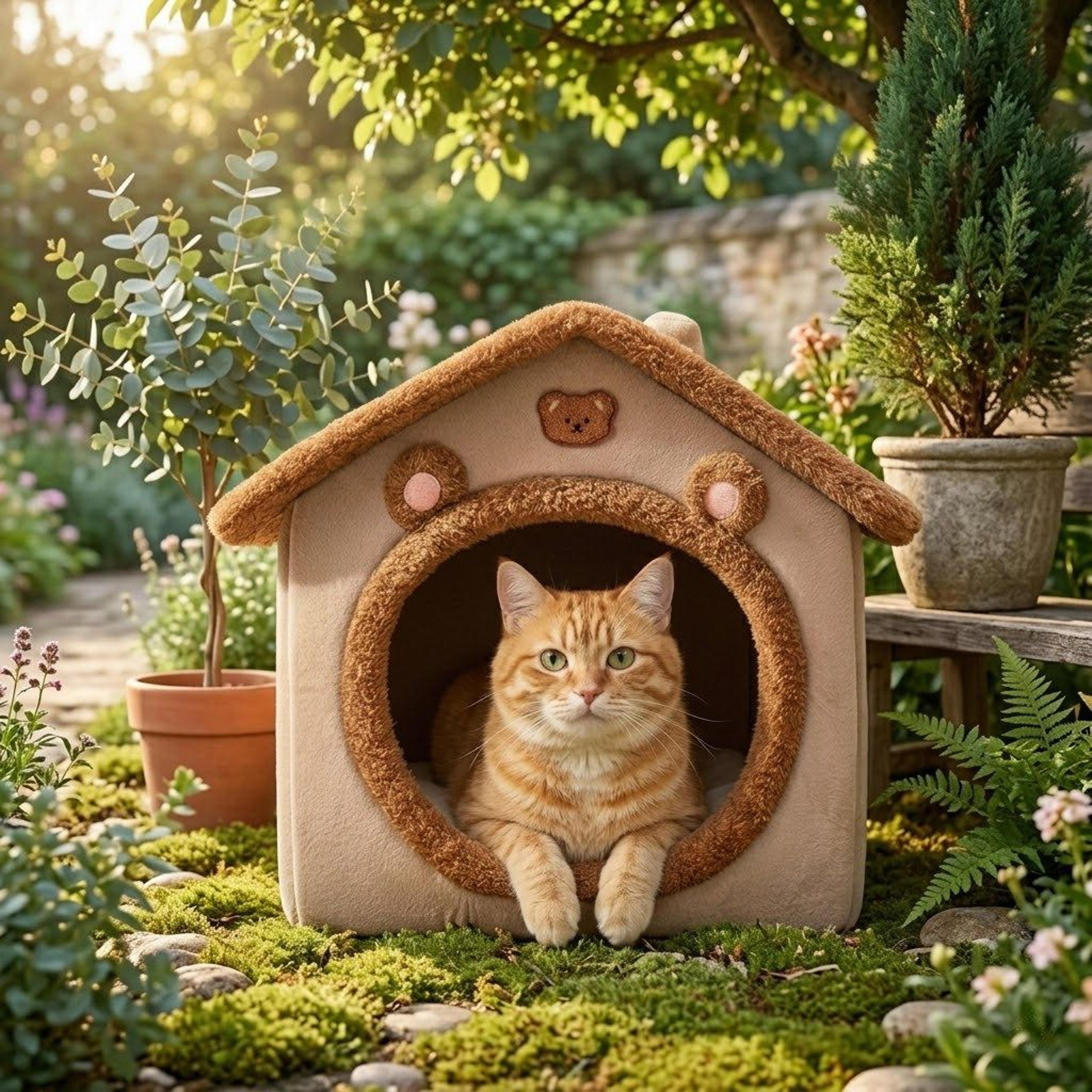 pet adorable bear-shaped cat cave bed with removable cushion for indoor cats and small dogs