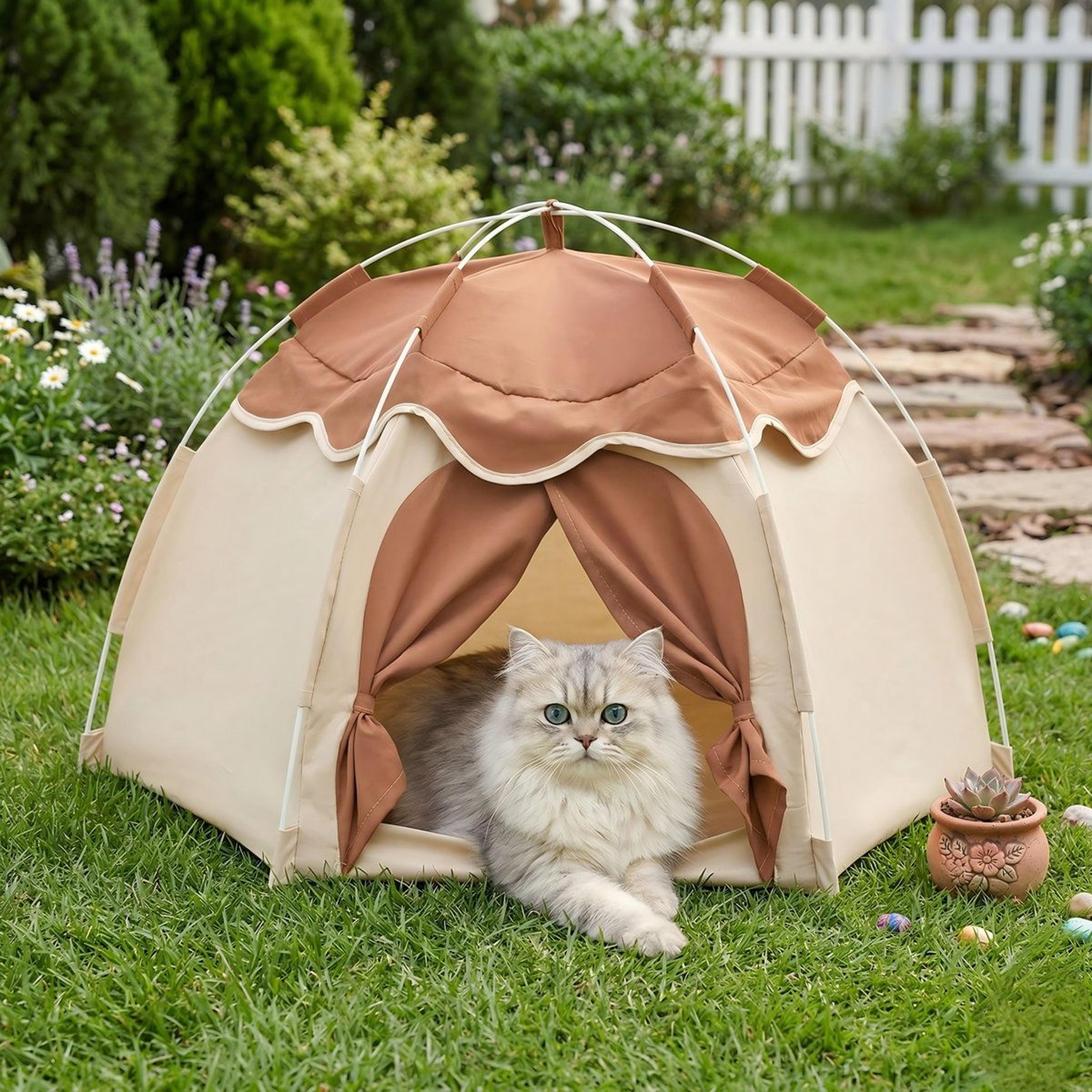 beige floral indoor cat tent and cozy small dog house cave nest