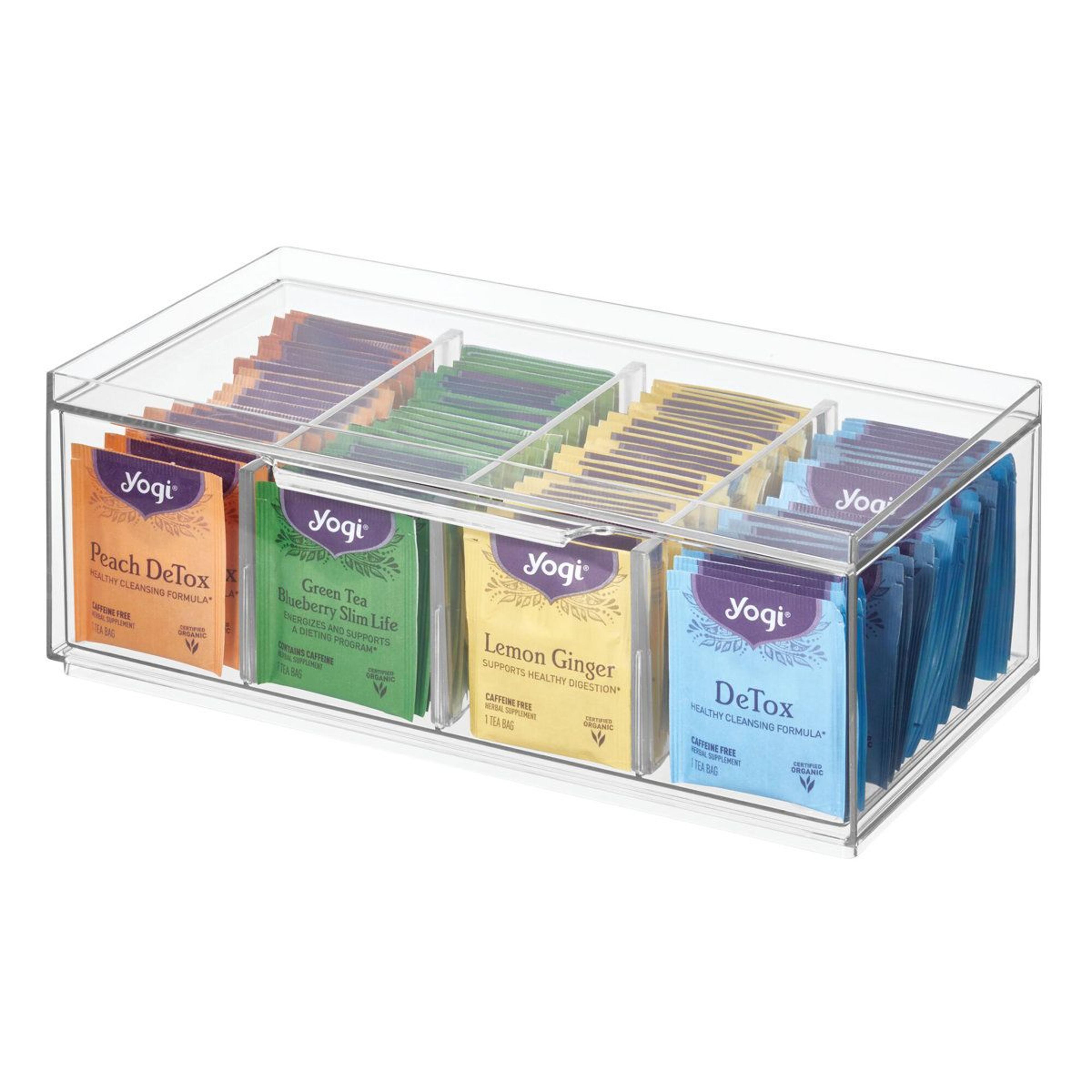 crisp stackable tea packet storage drawer with lid – clear pantry and kitchen cabinet organizer