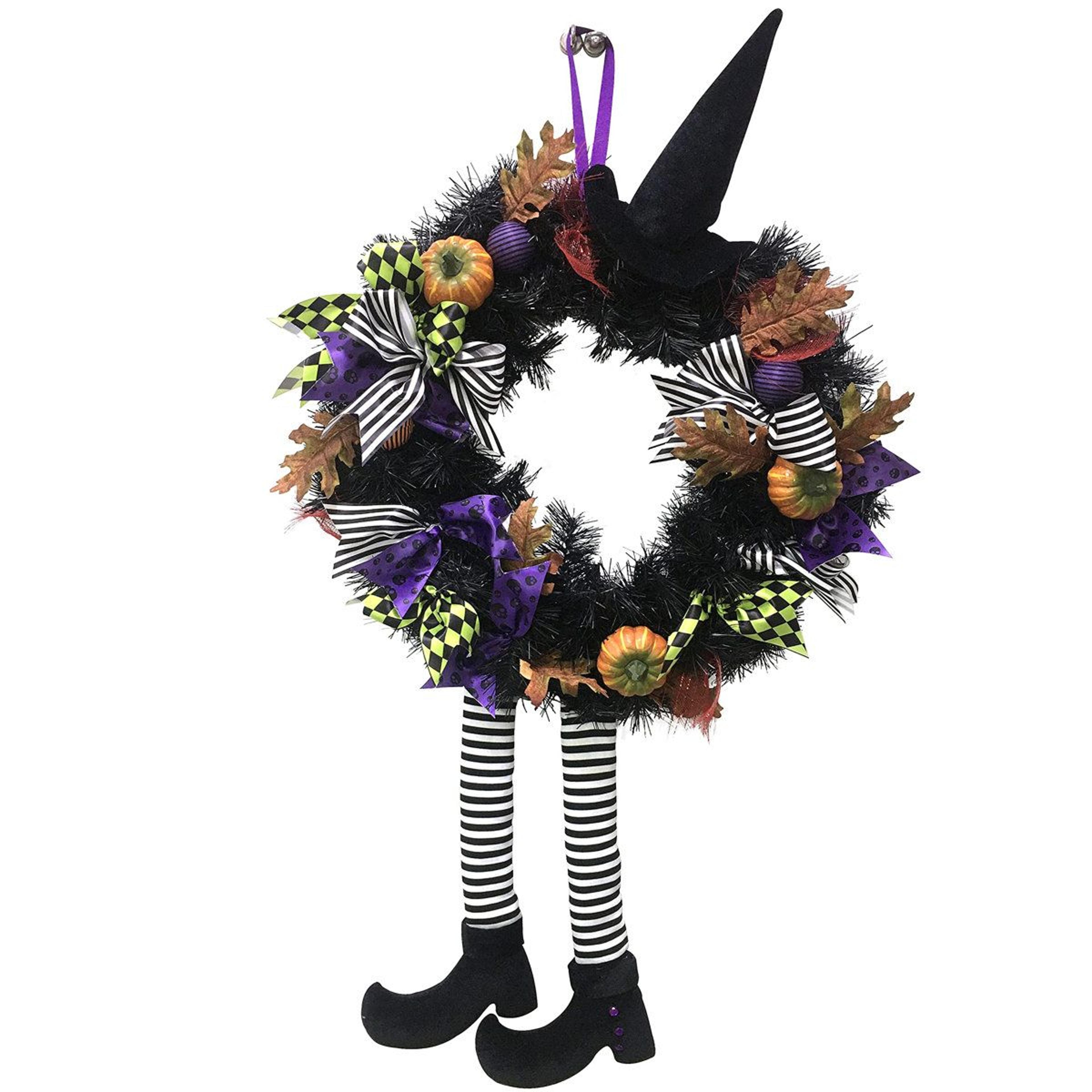 halloween witch wreath with hat and legs for festive porch decor