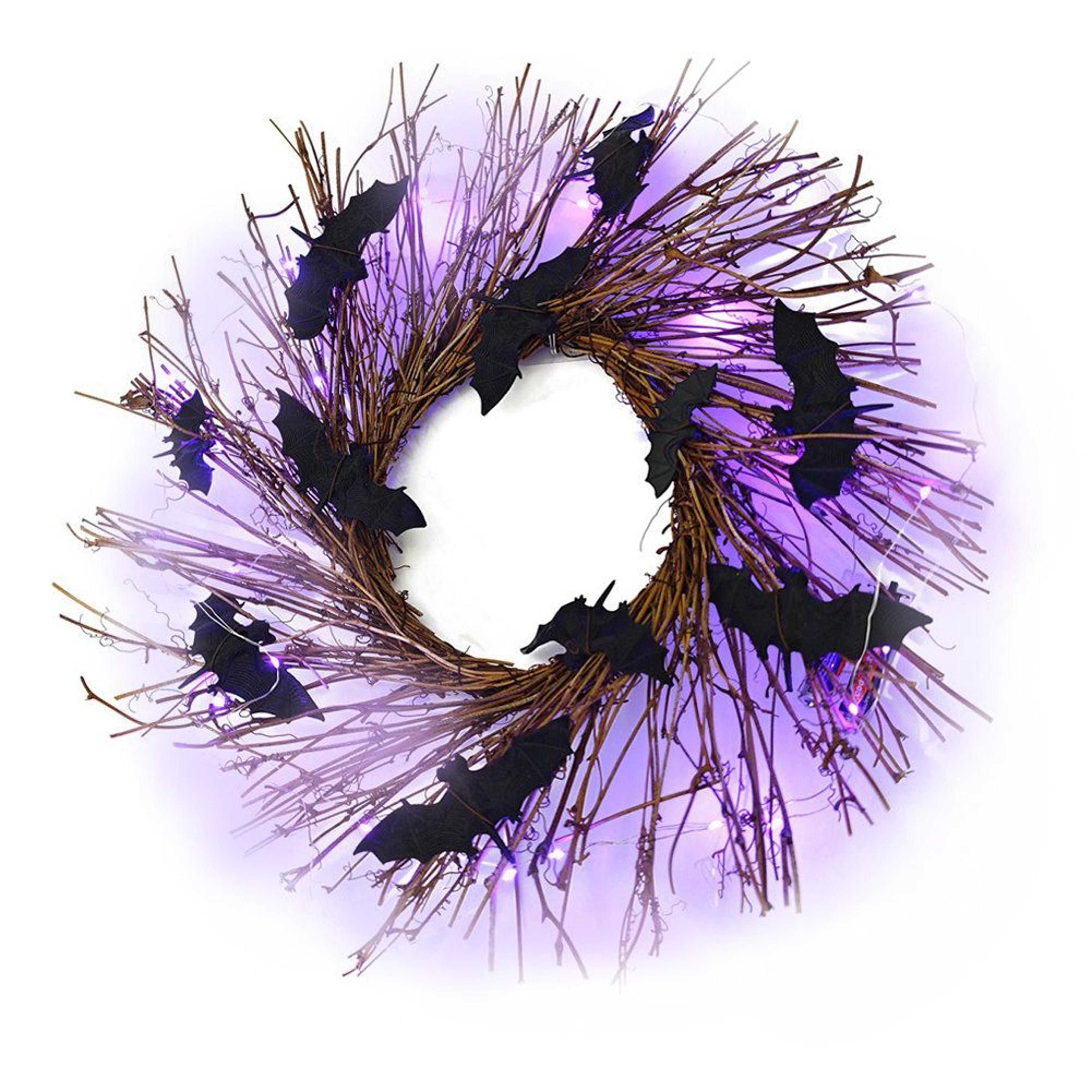 17.7 inch prelit black halloween wreath with bats, spooky purple led front door decoration