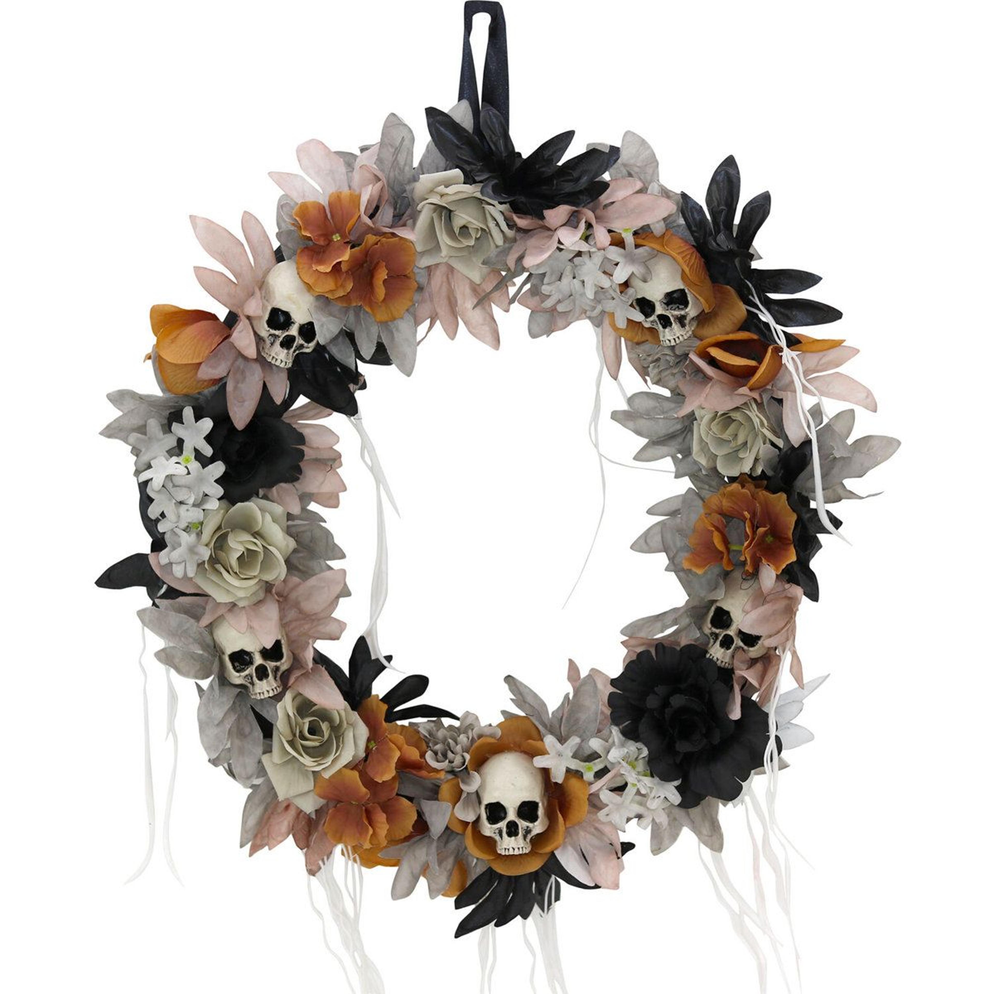 haunted hill farm 22 inch gothic skull wreath spooky front door decorations with multicolor flowers
