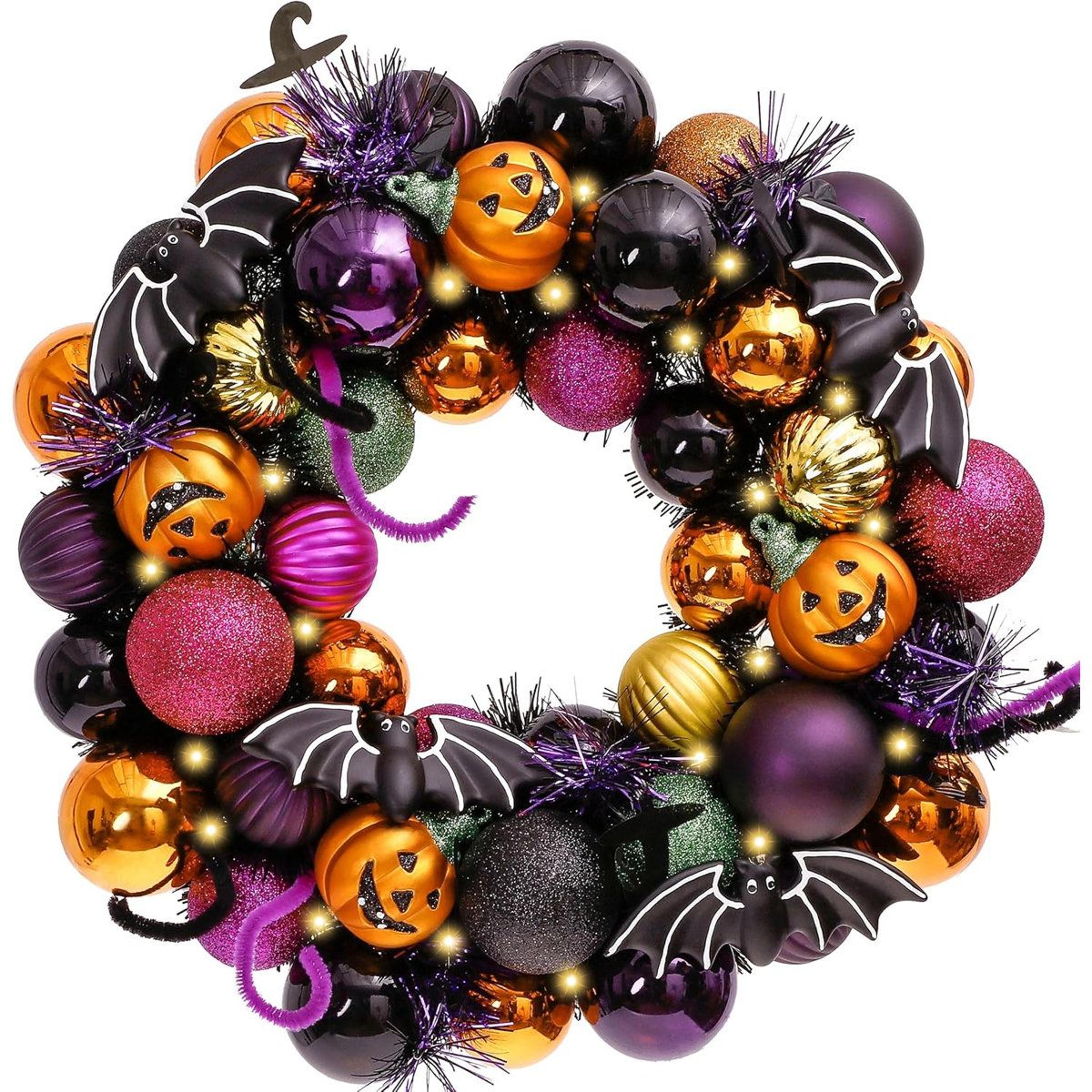 pre lit pumpkin ball halloween wreath with shatterproof ornaments 12 inch indoor festive decor
