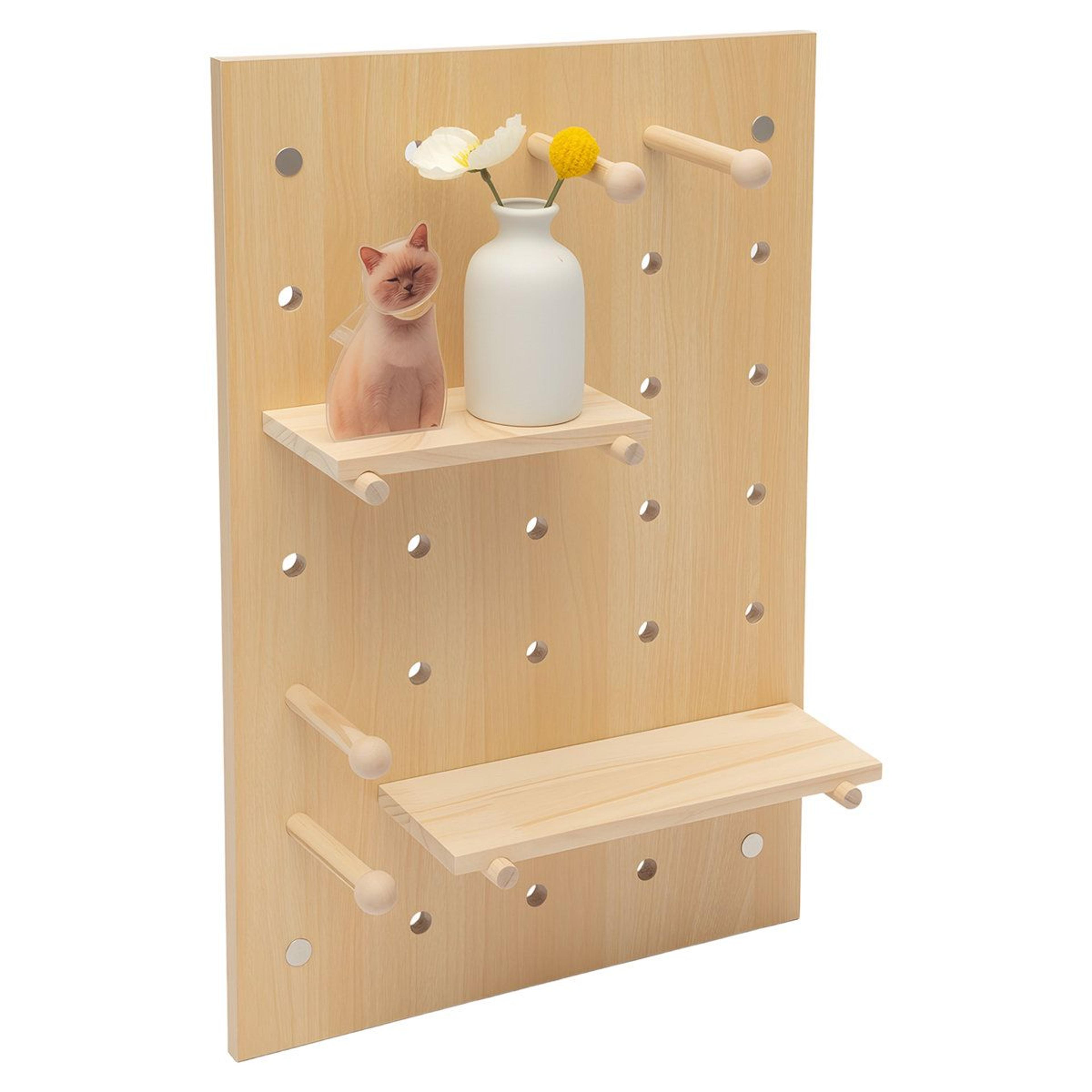 modular wooden pegboard wall organizer and customizable display shelf