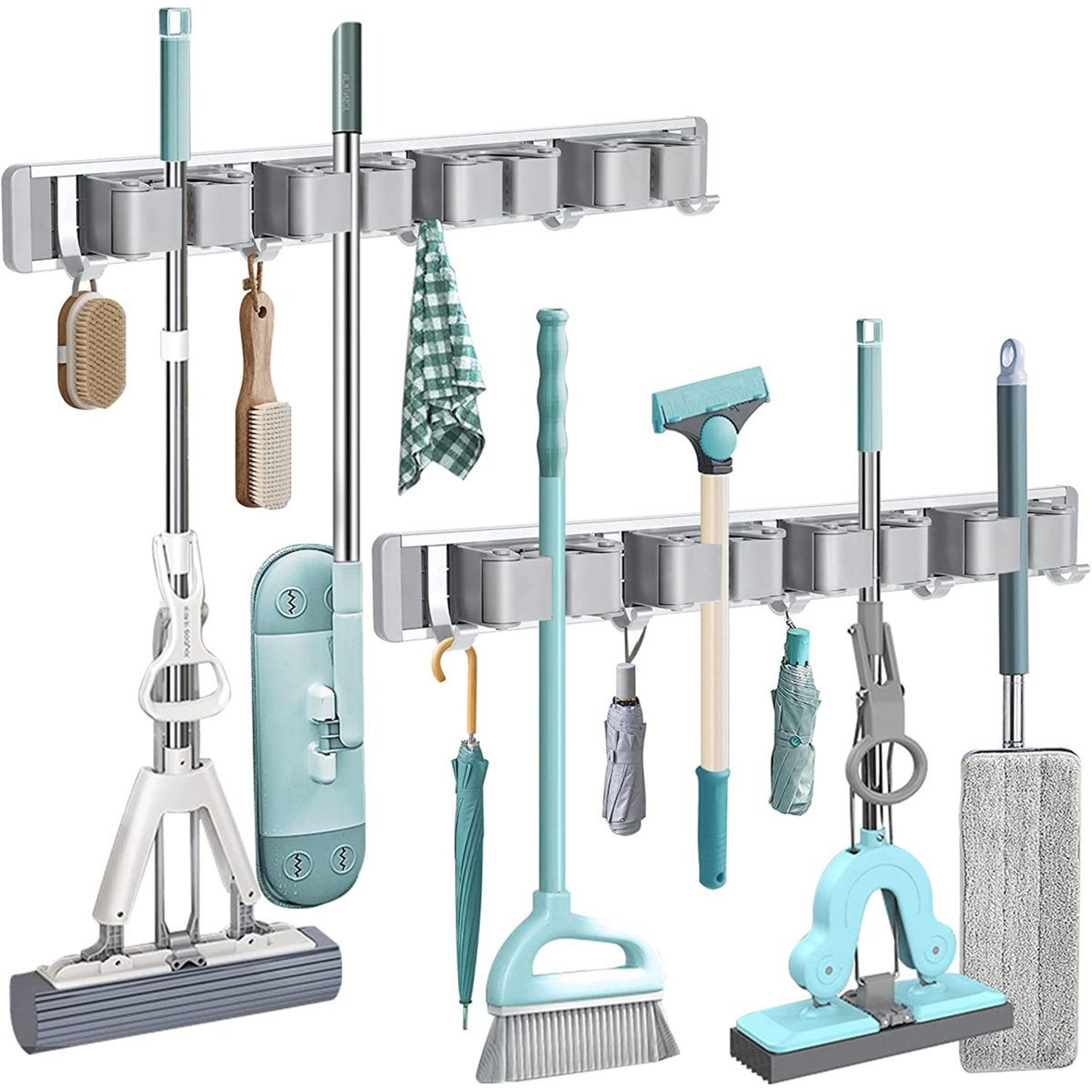 wall mounted broom and mop organizer rack set with heavy duty hooks