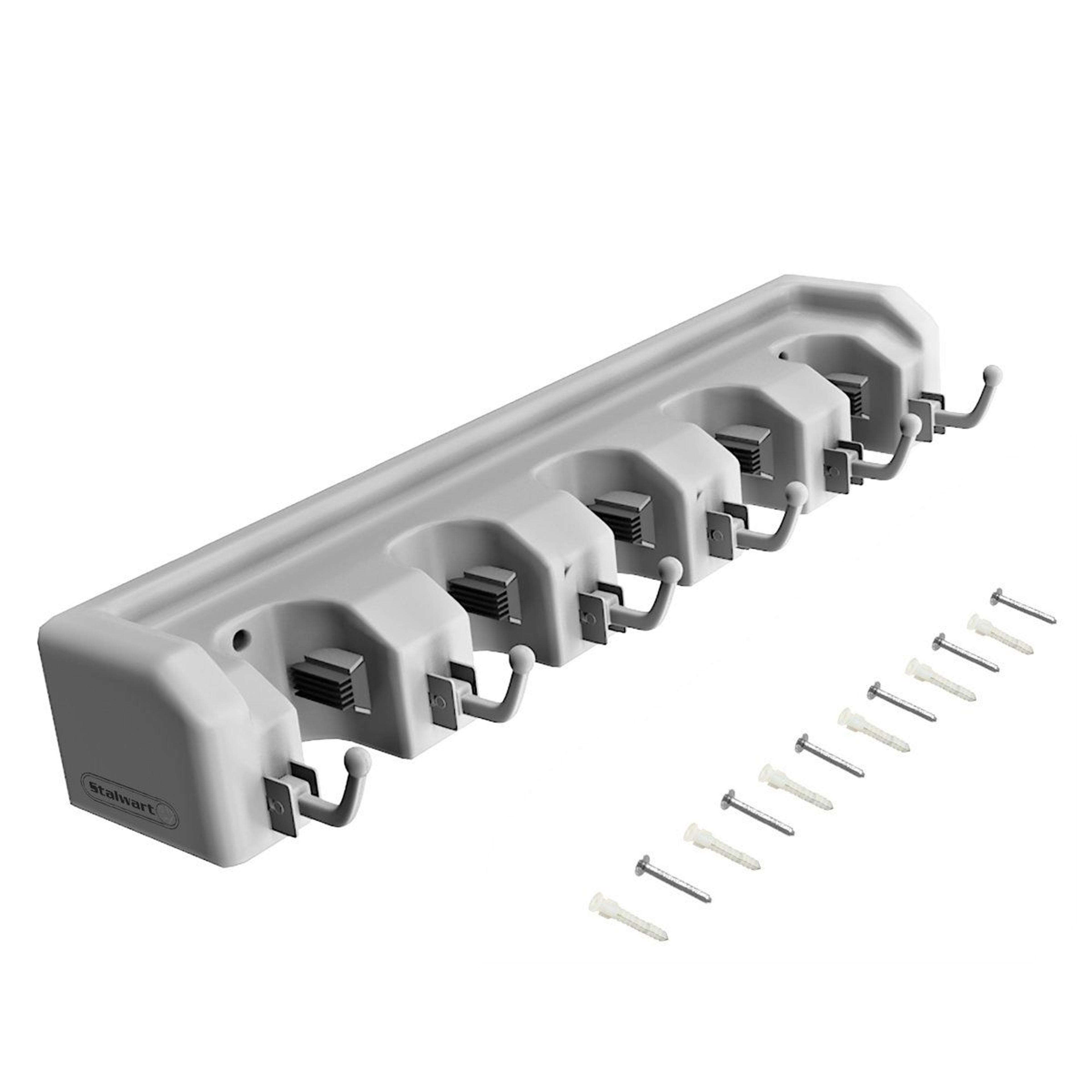adjustable wall organizer with 5 slots and 6 hooks for garage storage and broom holder