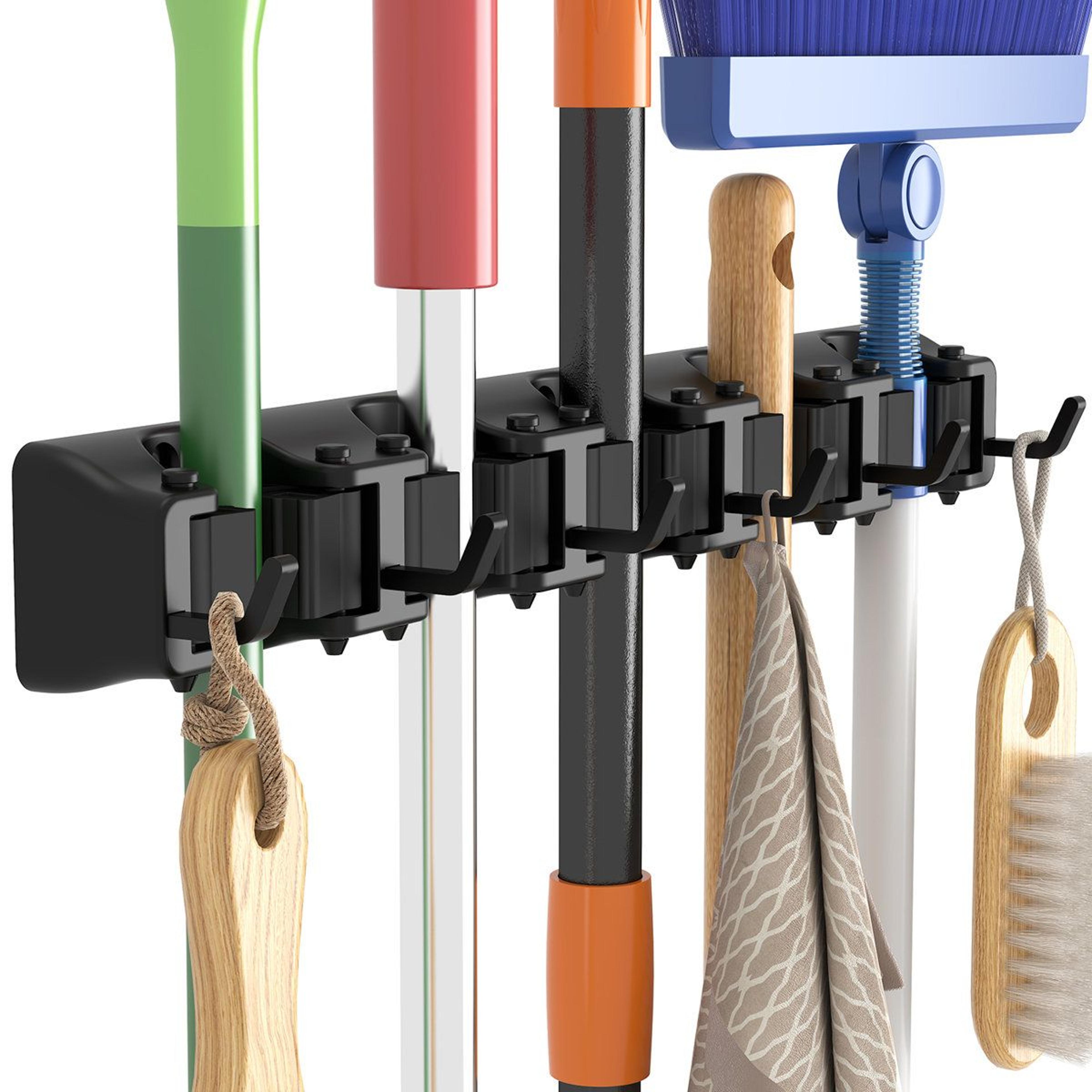 heavy duty wall mount mop and broom holder with anti-slip organizer rack for cleaning supplies