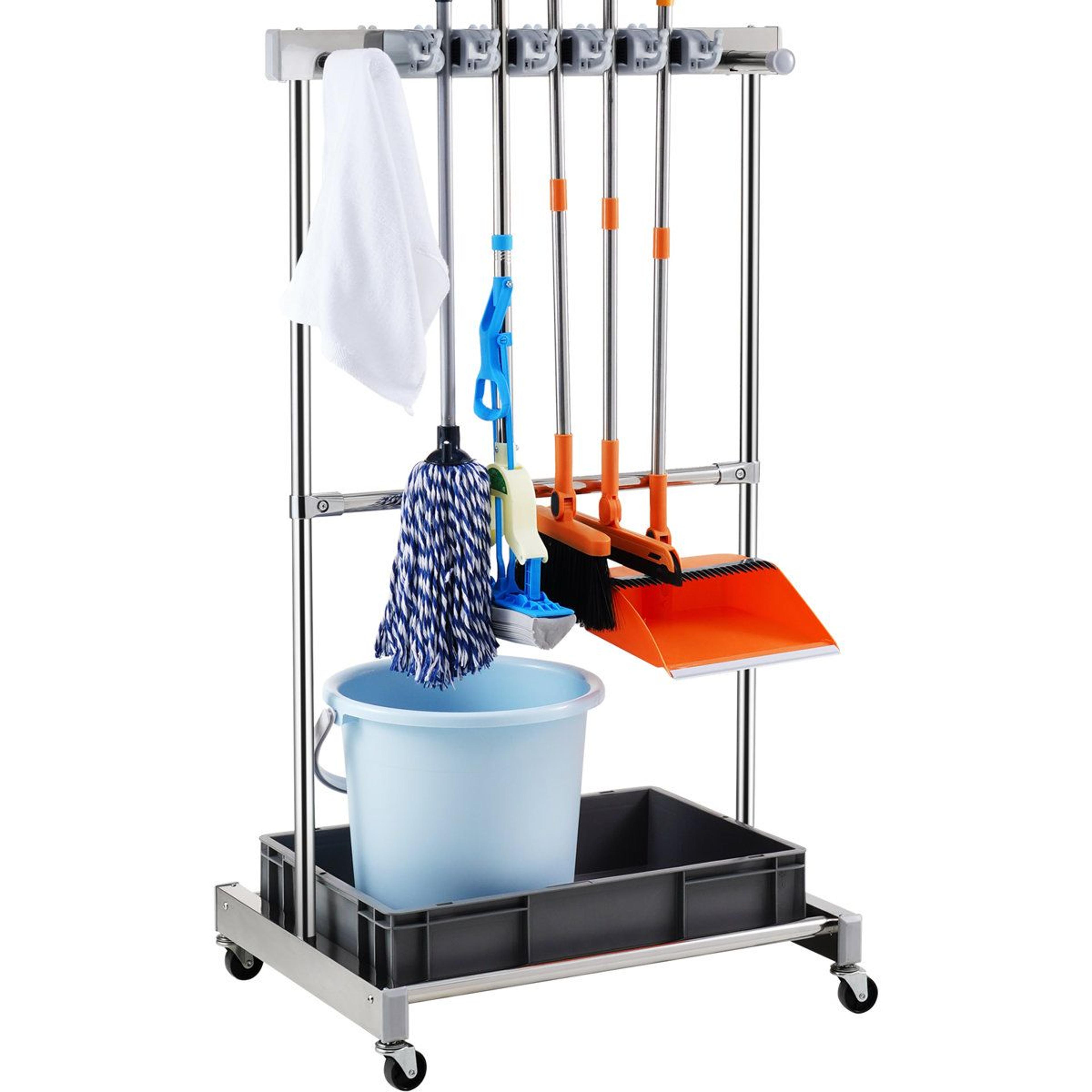 mobile garden tool organizer rack with heavy duty swivel wheels and multi-purpose storage hooks