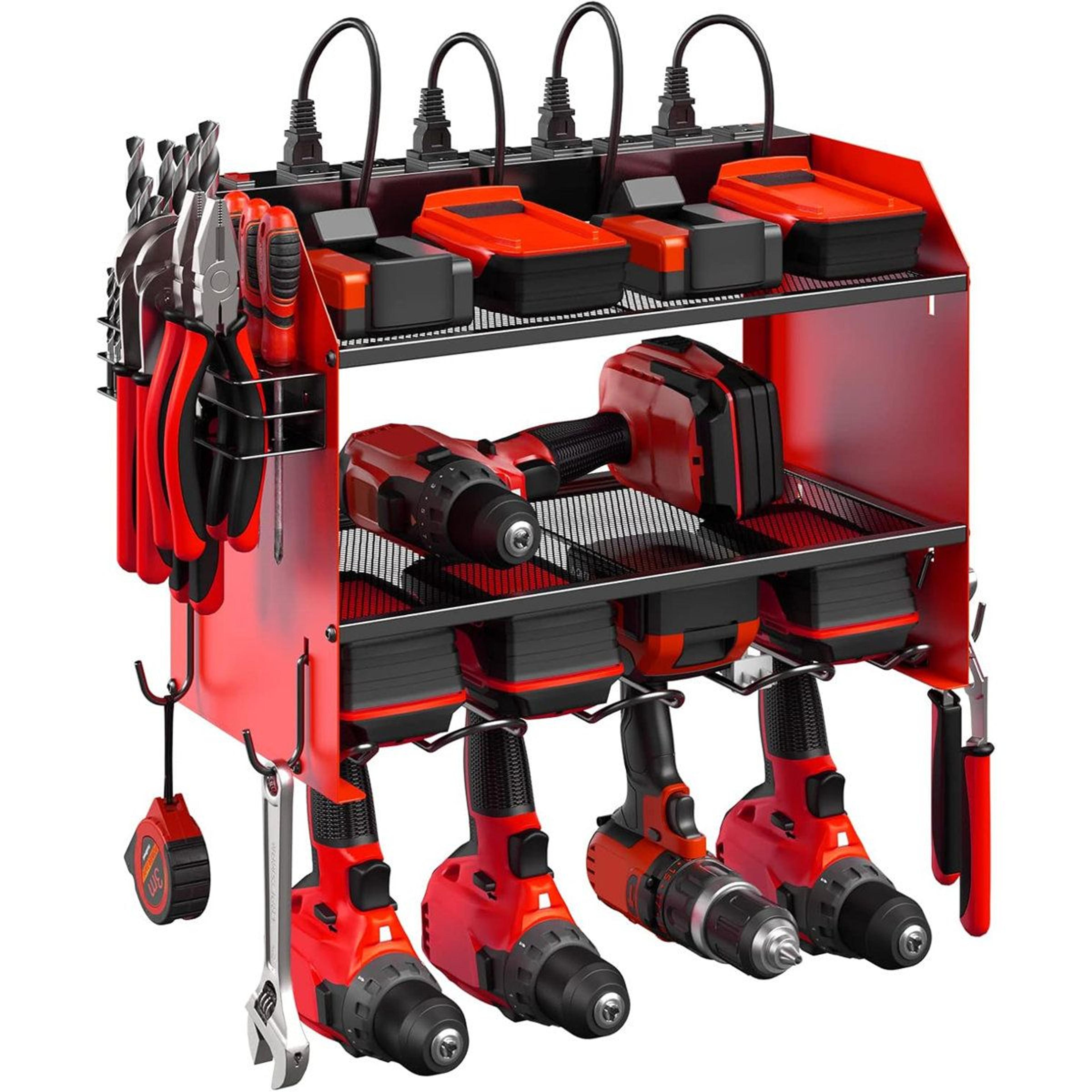 red heavy gauge steel wall mounted power tool organizer with 8 outlet charging station