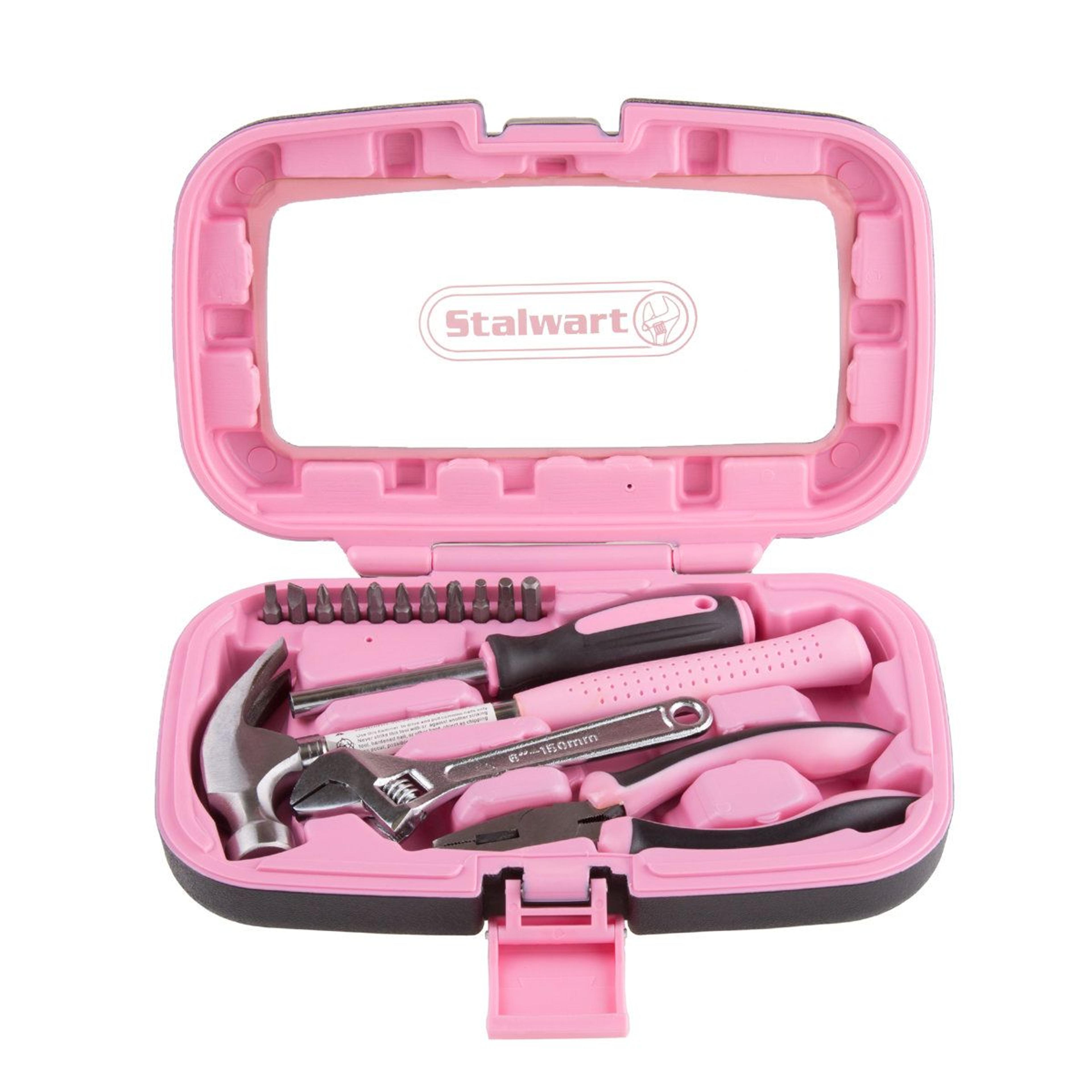 15 piece household hand tool set with pink carry case