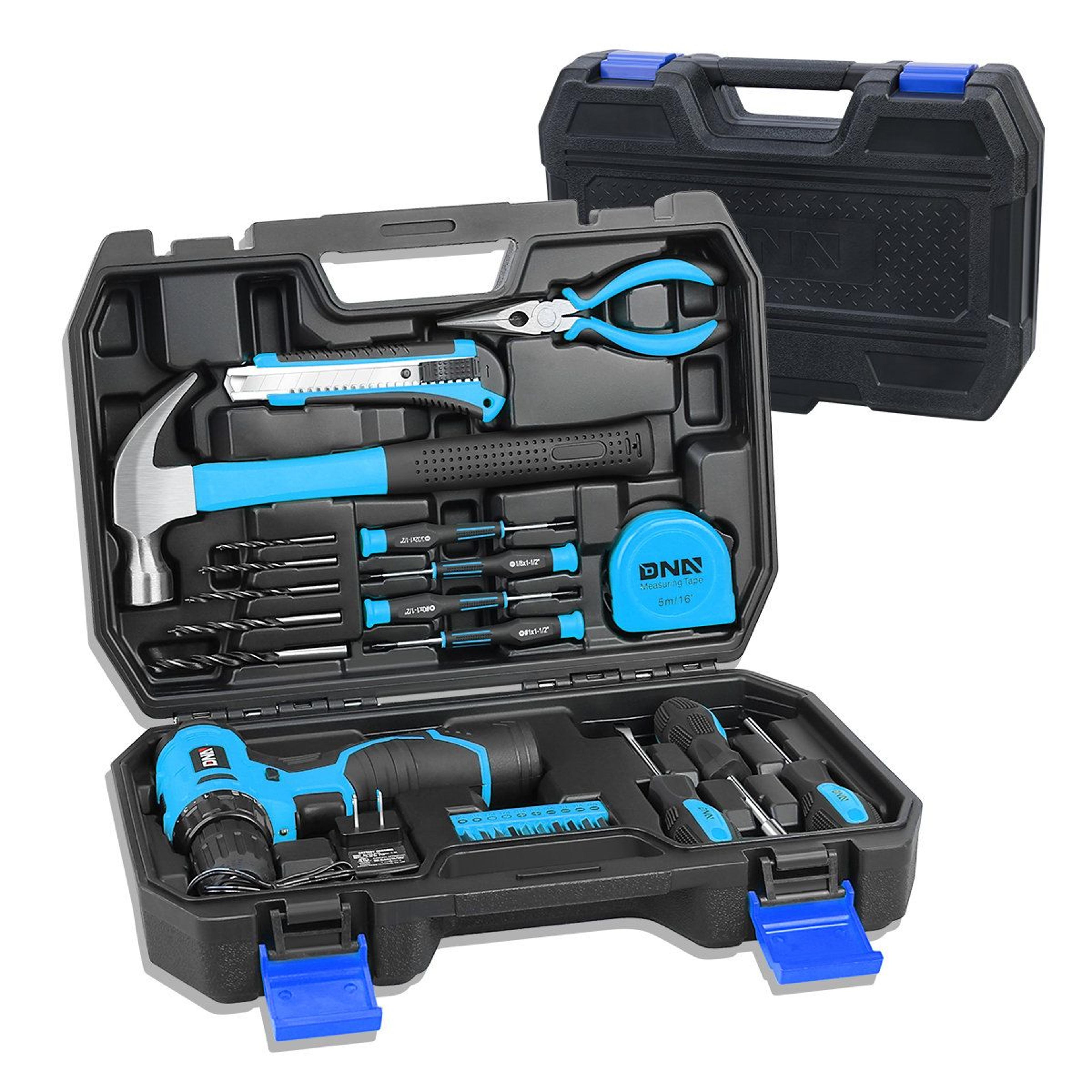 motoring 21 piece household hand tools kit with 12 volt cordless impact drill and portable storage box blue