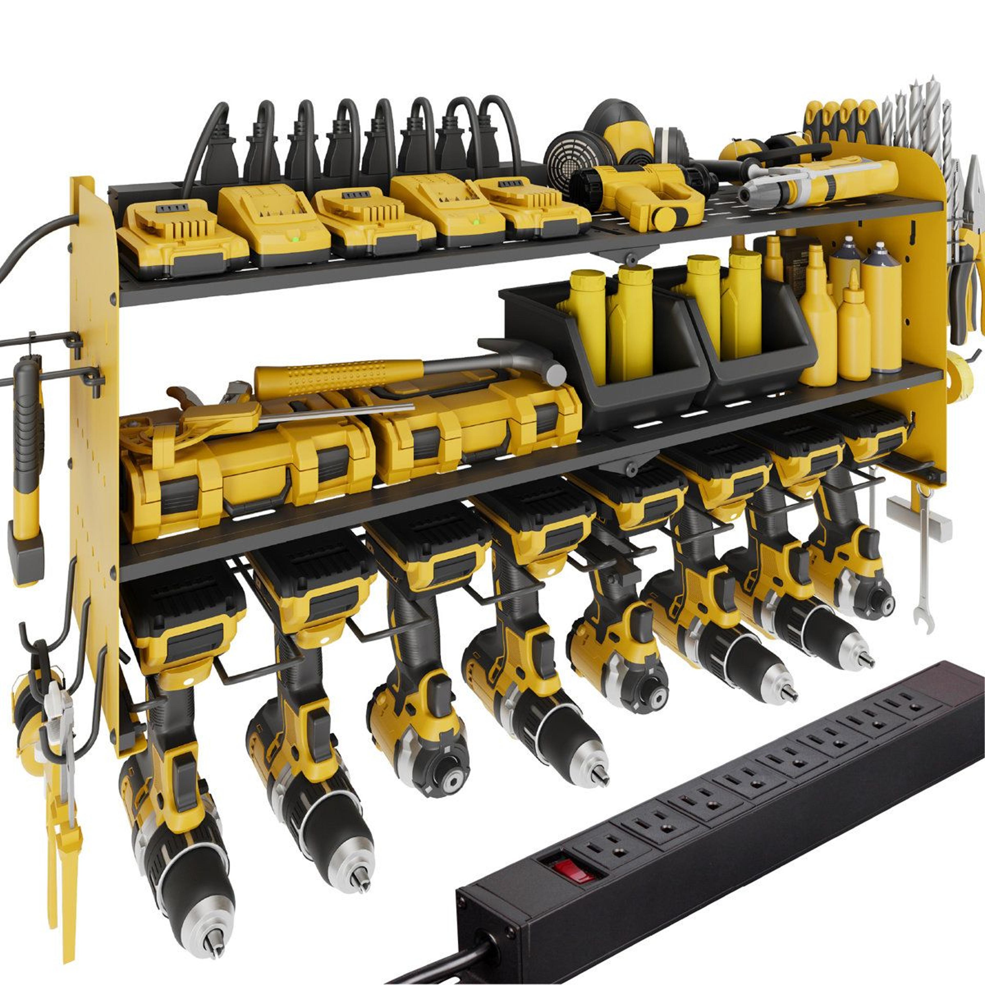 heavy duty power tool organizer with charging station and 8 drill holders wall mount