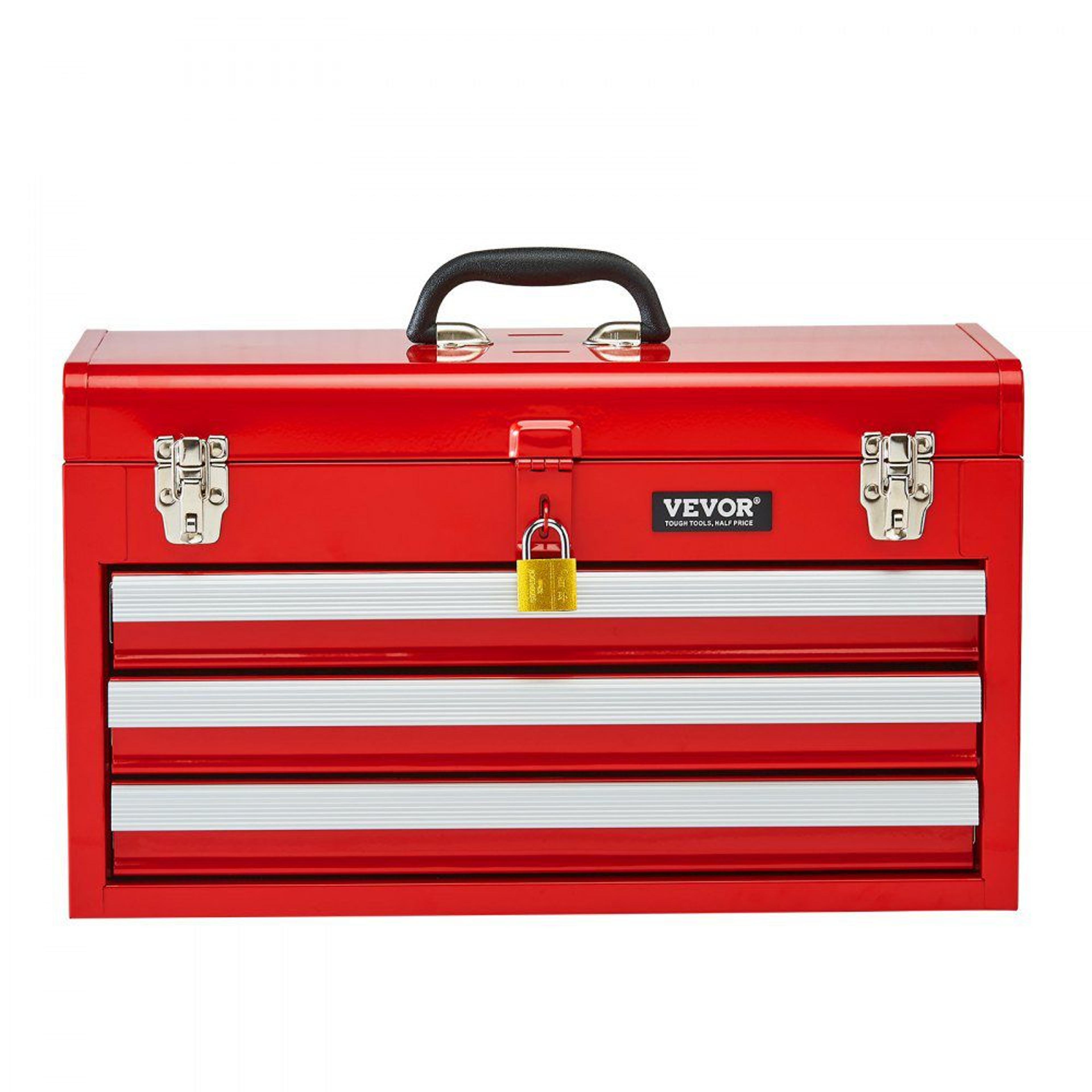 heavy duty portable metal tool box with 3 drawers and top storage