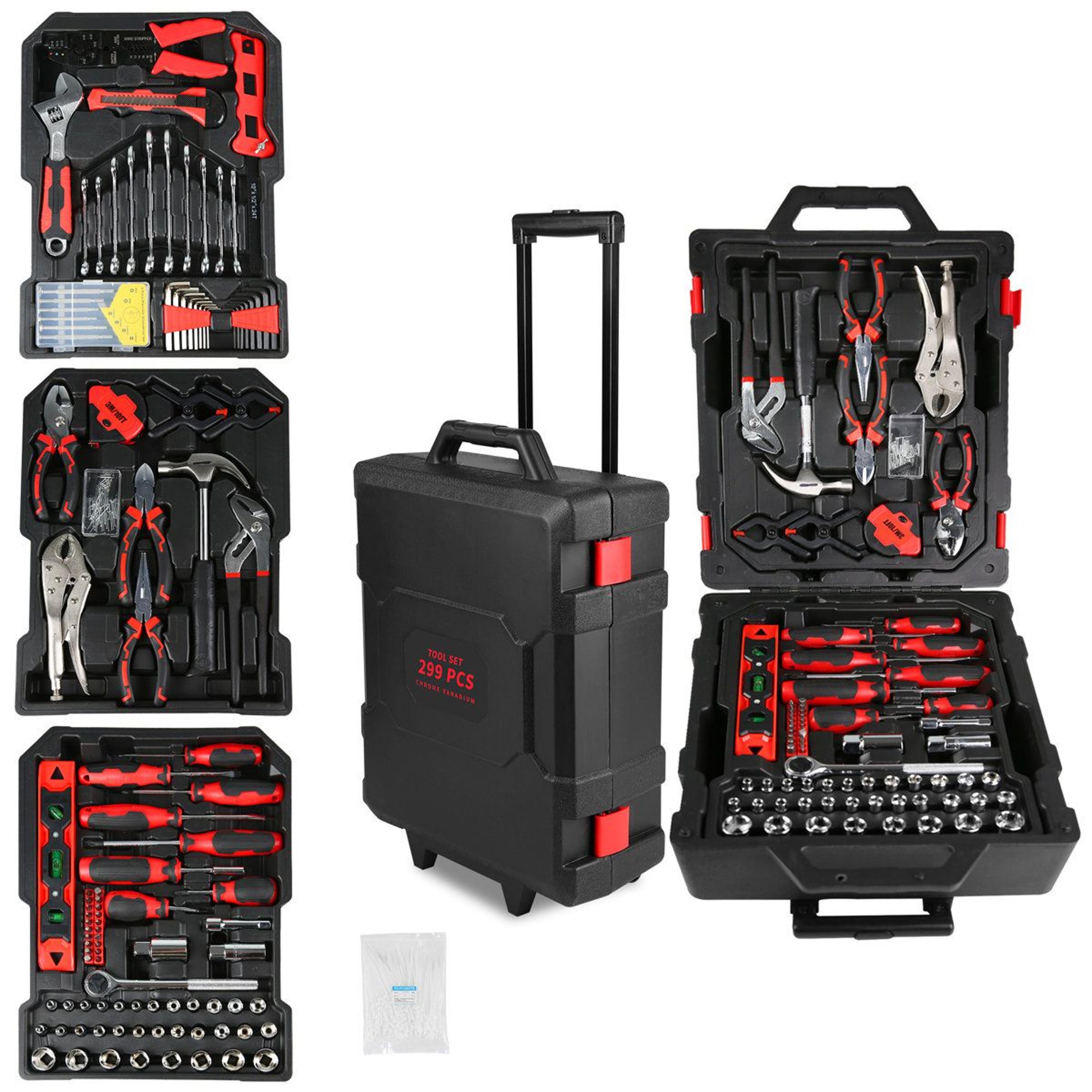 complete rolling tool box set with socket wrench hand tools and portable mechanic case trolley for home repair