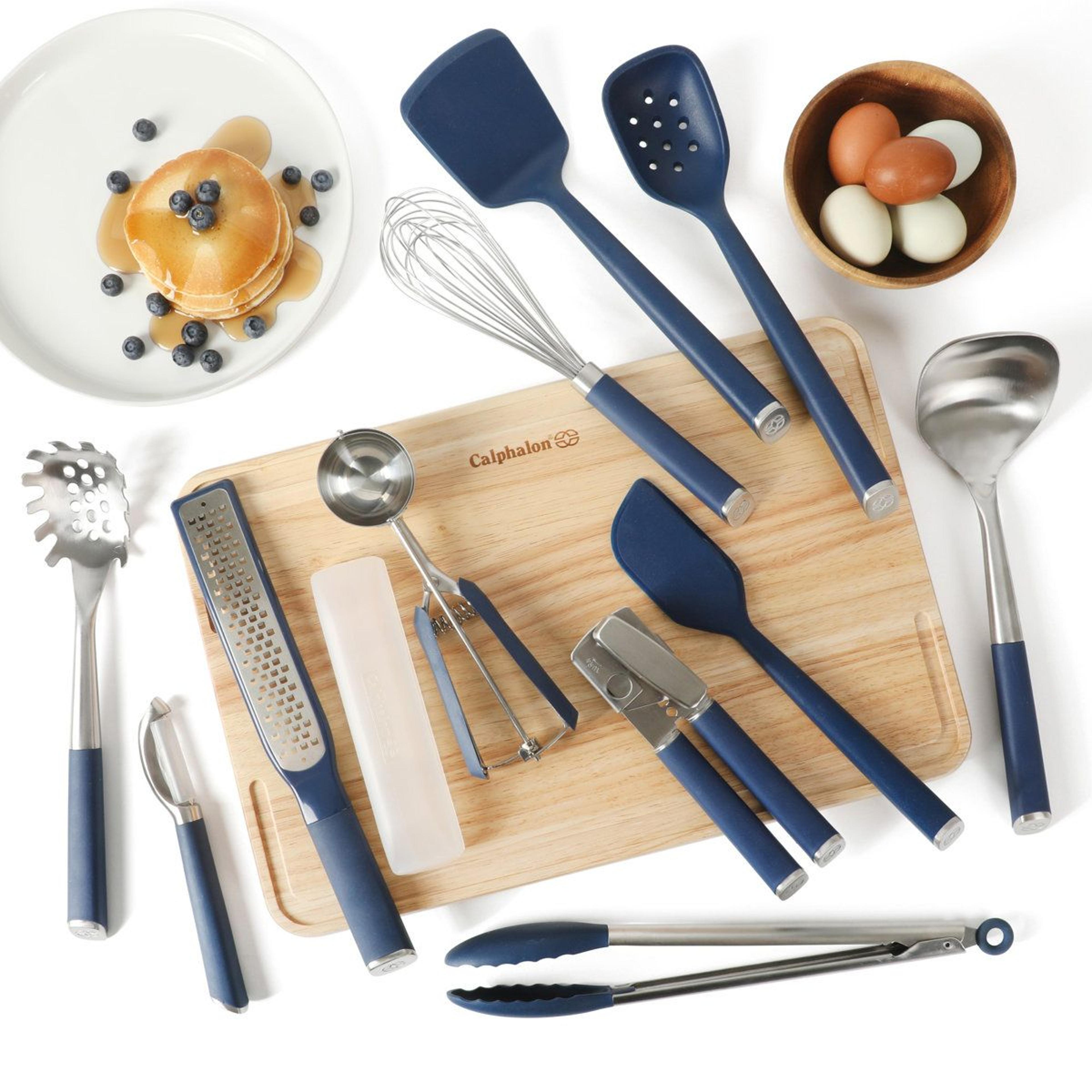 edge 11 piece stainless steel kitchen utensil set with silicone tools navy blue