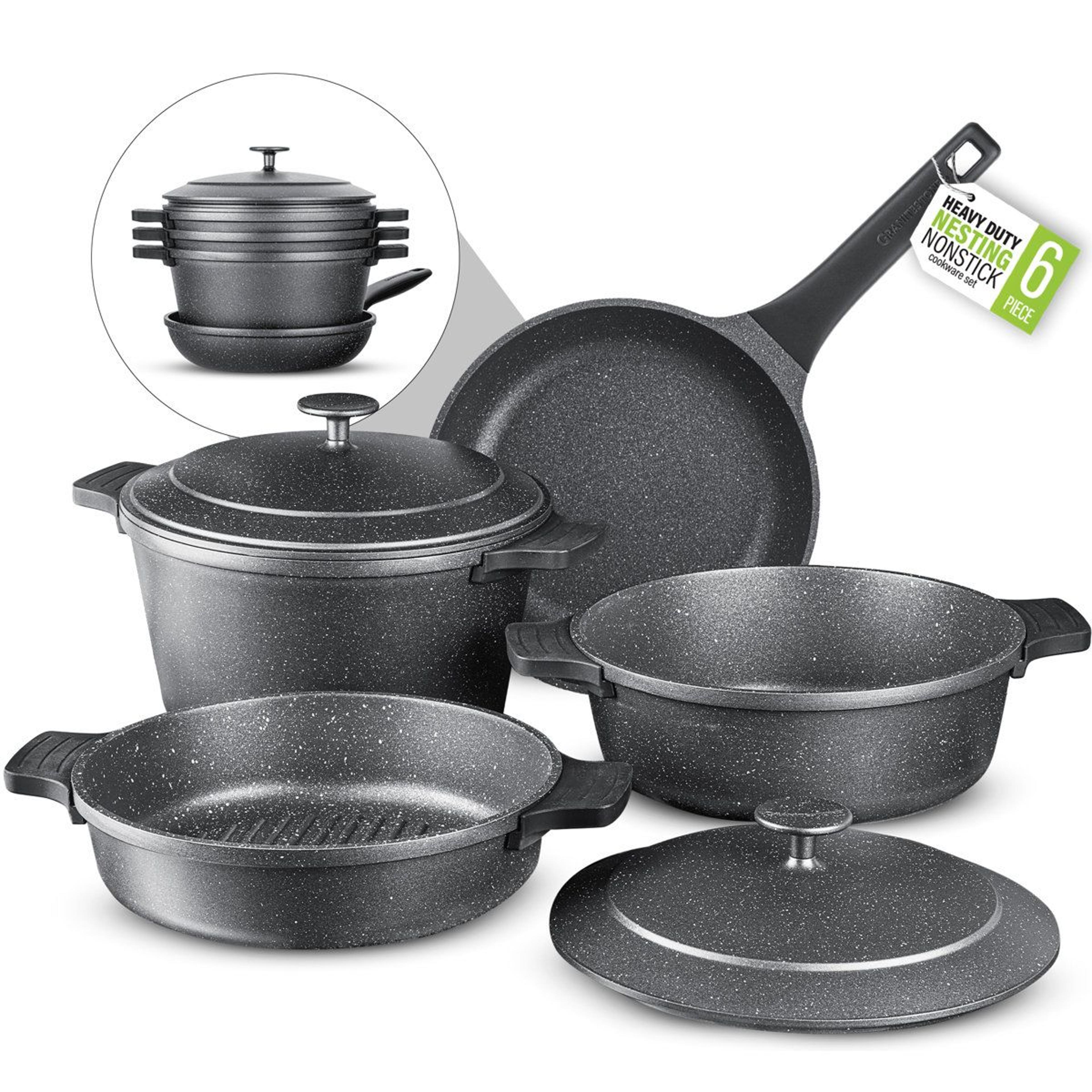 6 piece nonstick nesting cookware set space saving heavy duty pots and pans