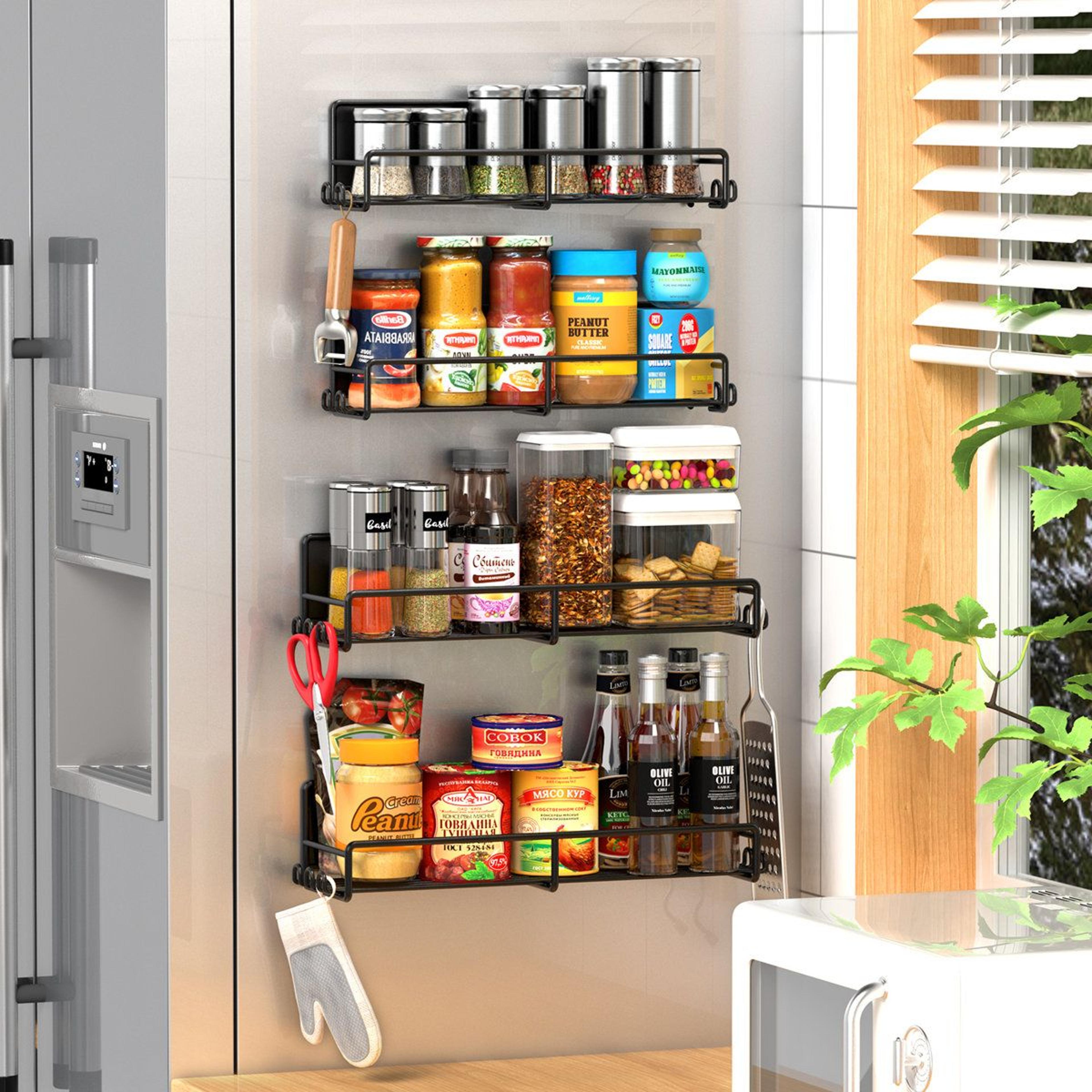 4 pack magnetic spice rack refrigerator organizer with hooks