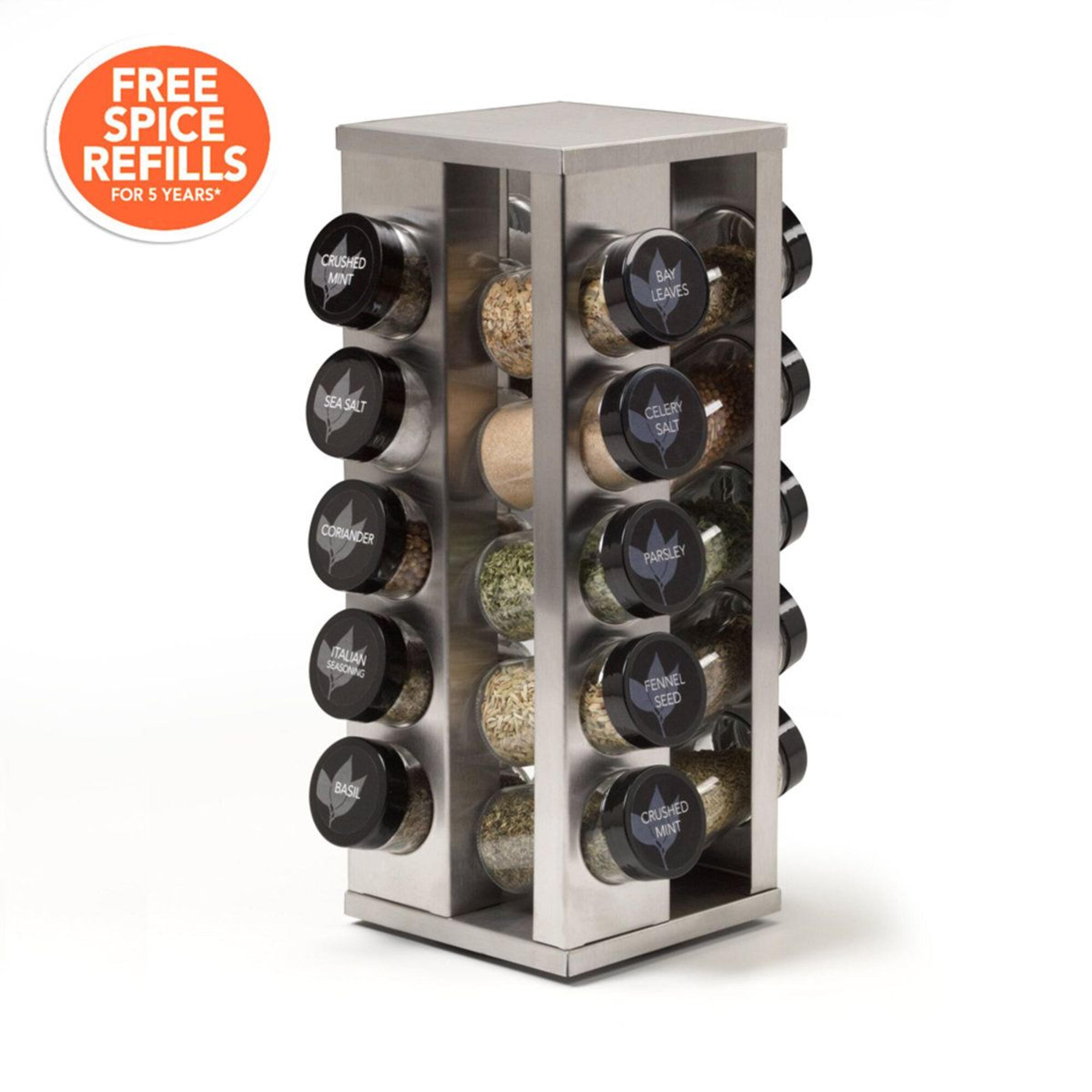 20 jar revolving stainless steel spice rack with pre filled glass jars