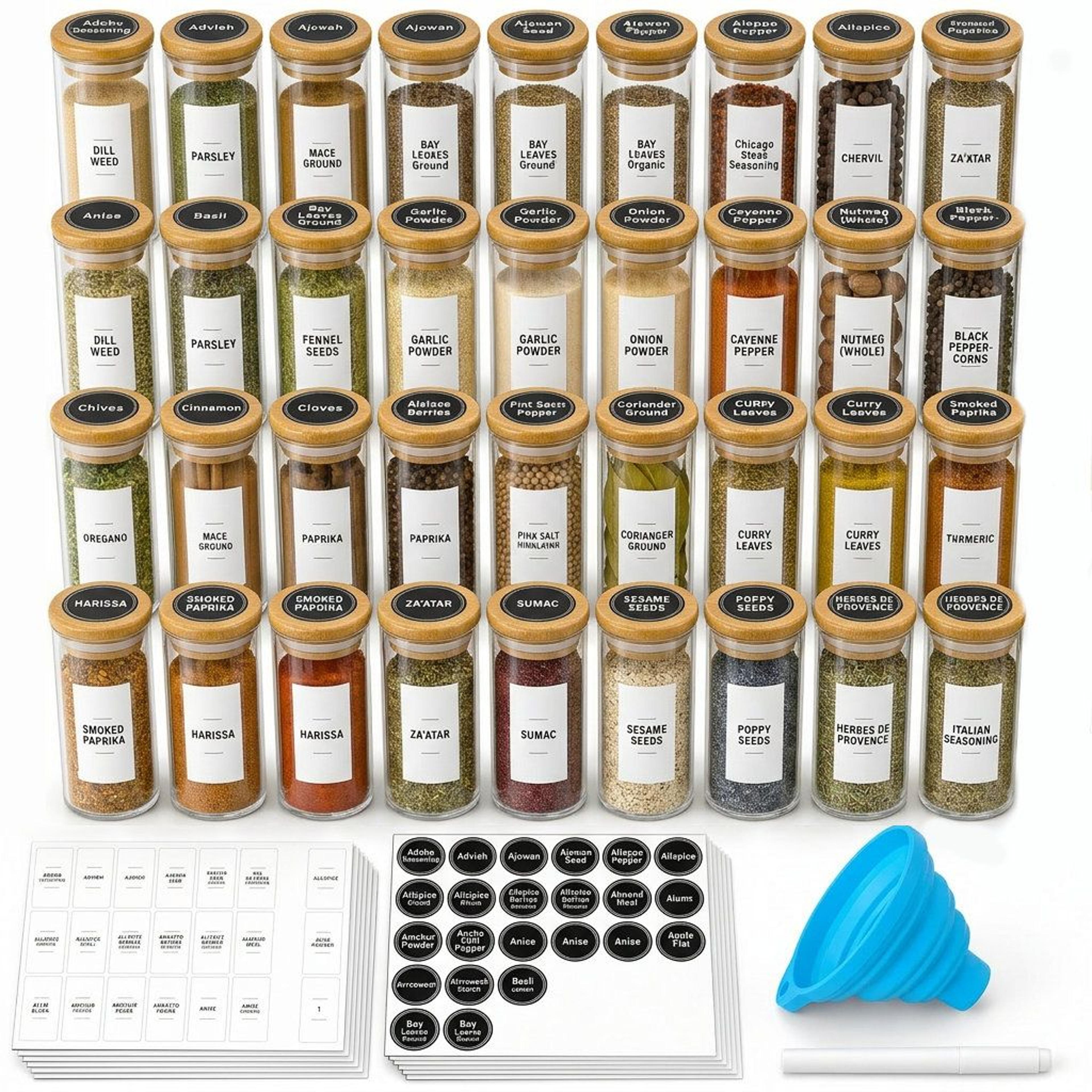 36 pack glass spice jars with bamboo lids labels and funnel kitchen spice organizer
