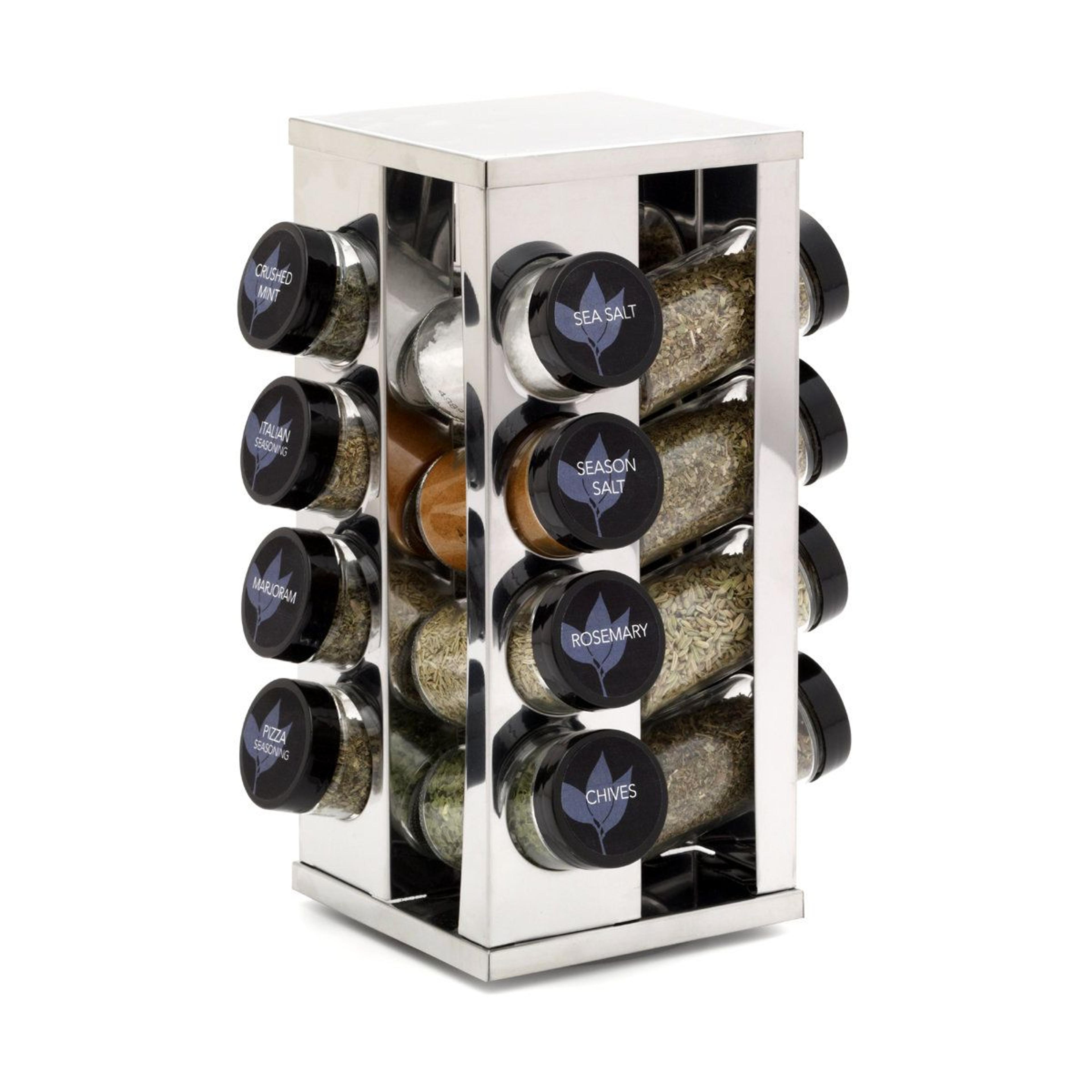 16 jar revolving spice rack organizer with glass spice jars