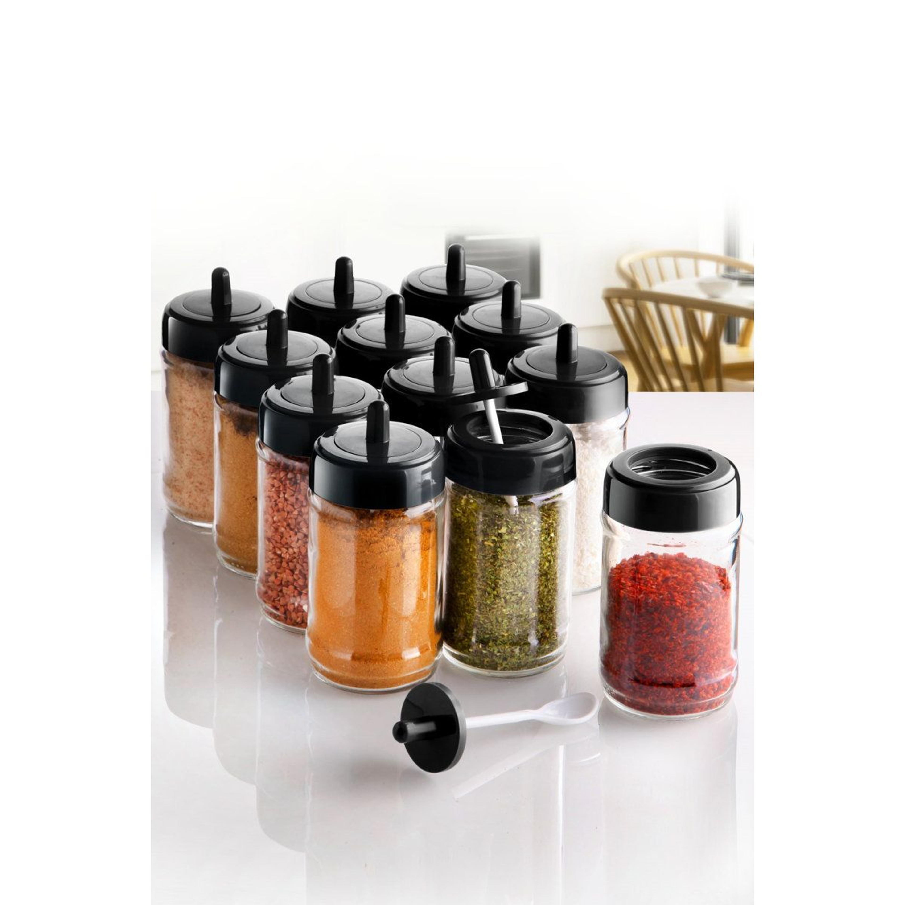 12 piece glass spice jar set with airtight black lids for kitchen organization