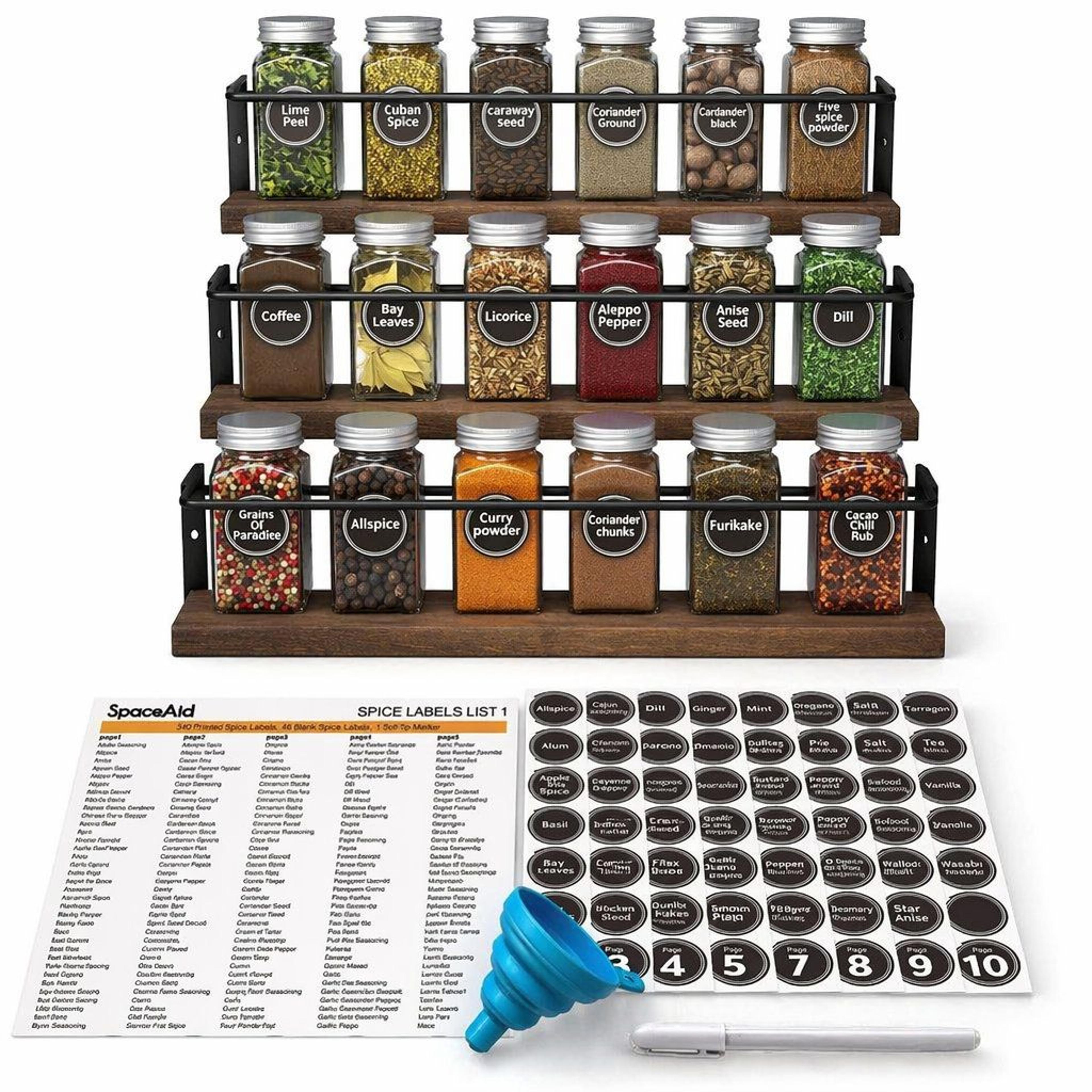wood spice rack organizer with 24 glass jars and wall mount storage