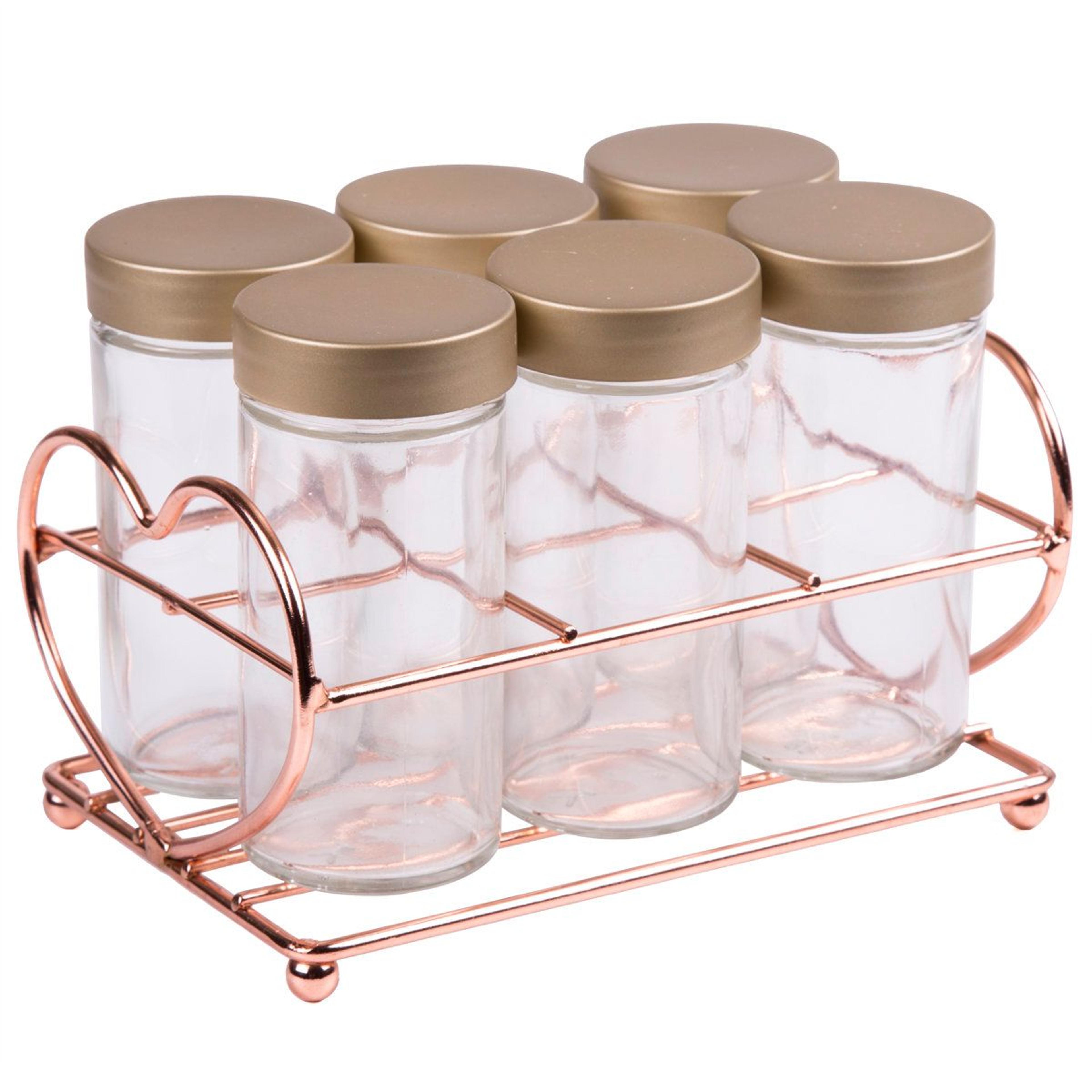 copper finish glass spice jar rack set with 6 clear seasoning jars