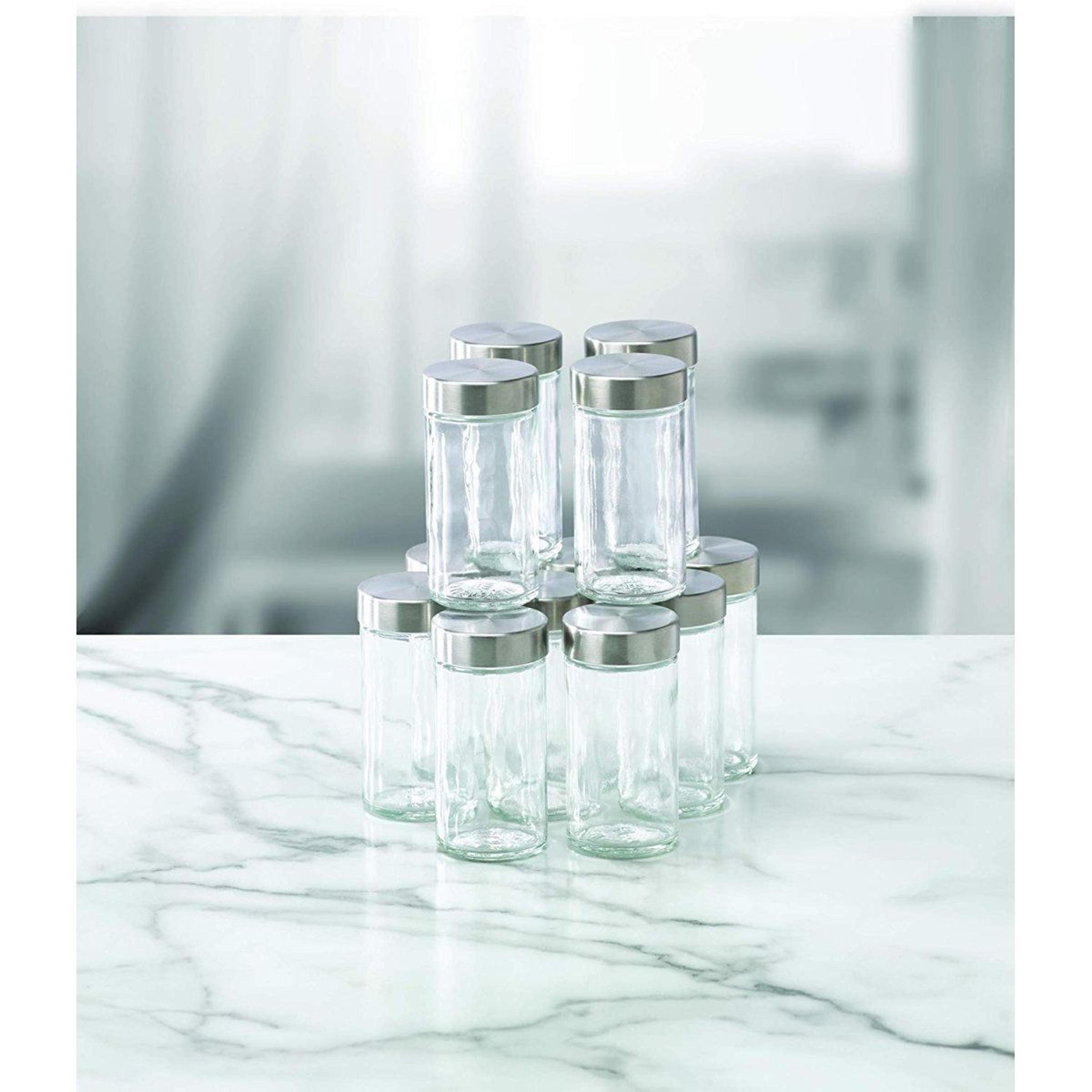 12 piece 3 ounce glass spice jars with stainless steel sifter lids