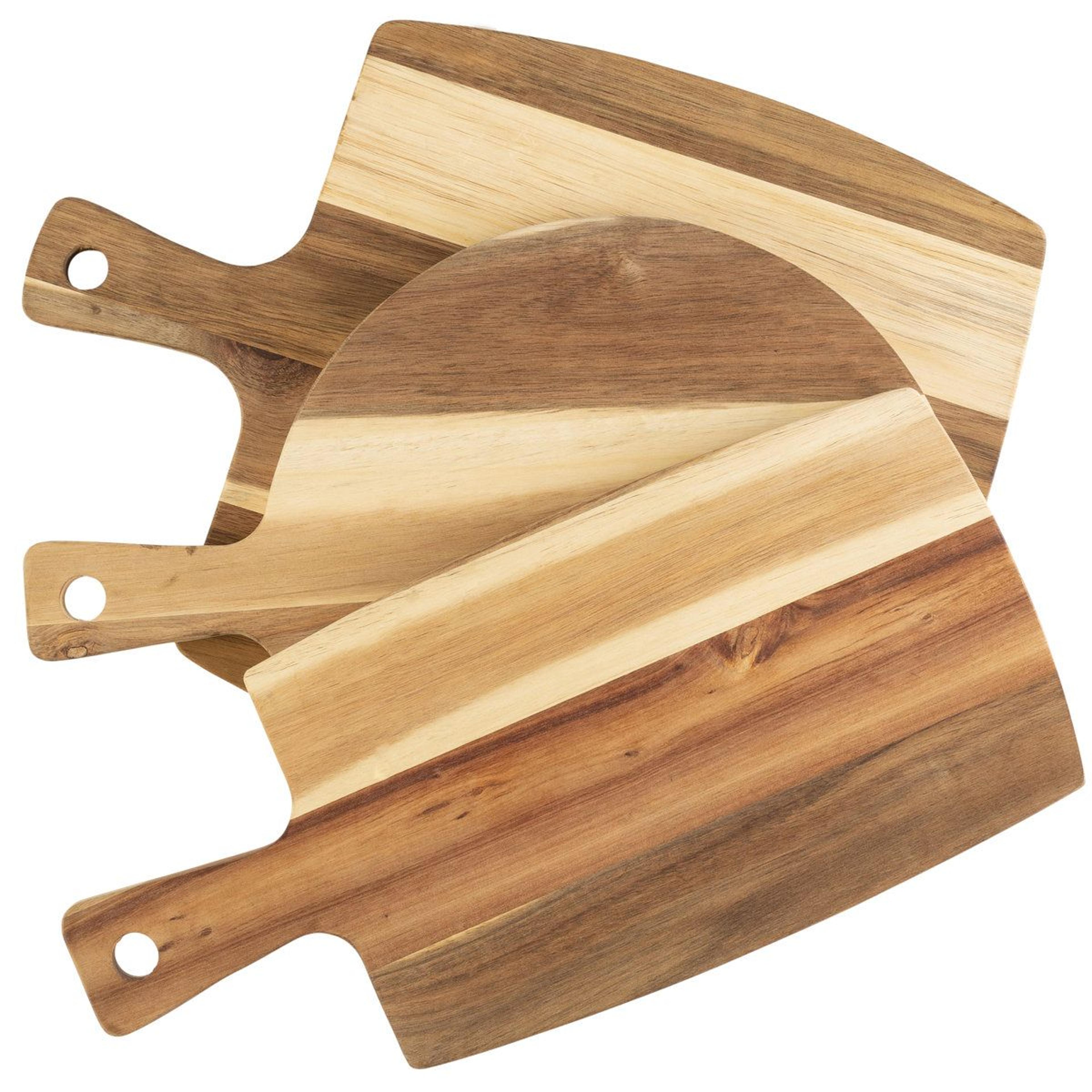 3 piece acacia wood cutting board set with handles for chopping serving and charcuterie