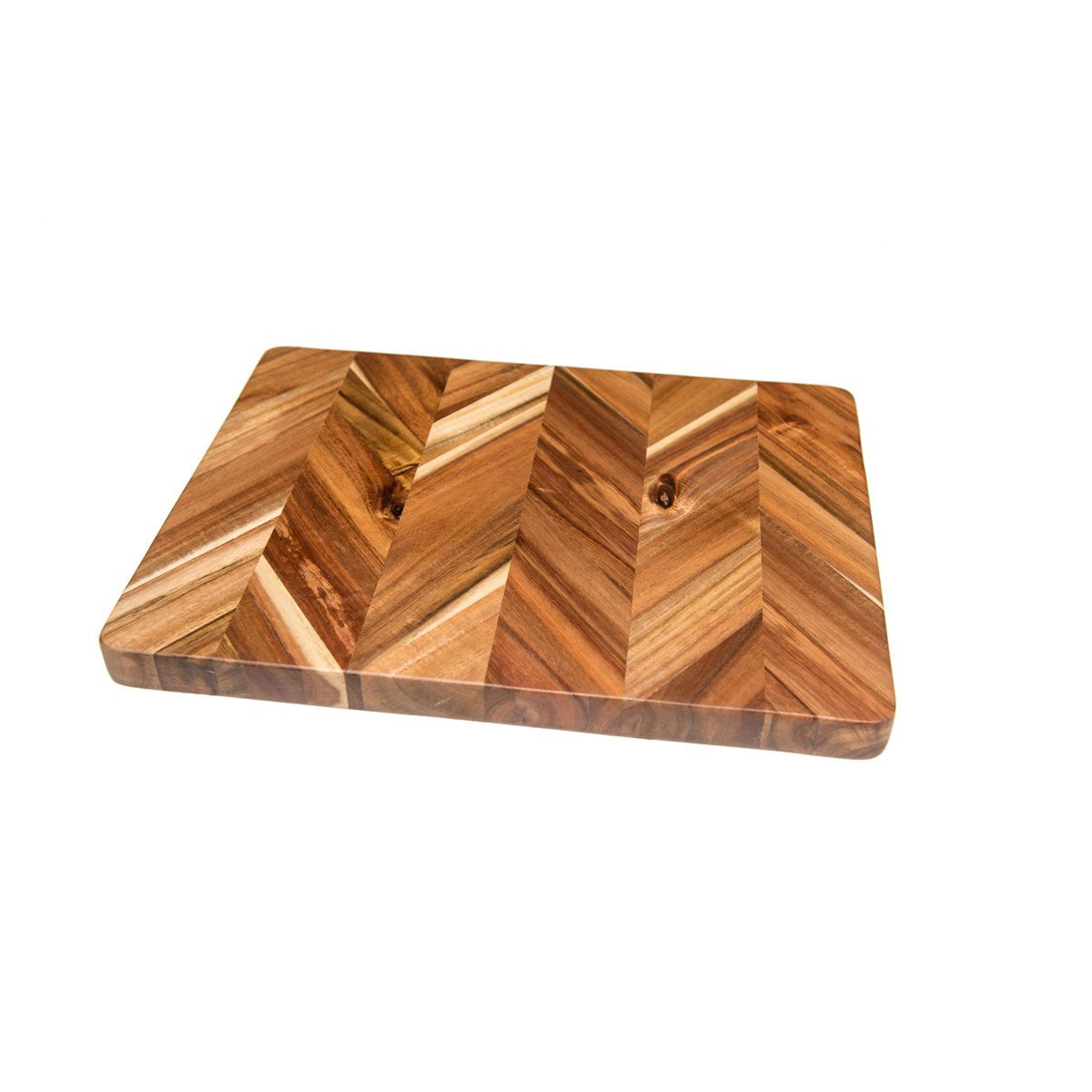 acacia herringbone cutting board with juice well and inset handles