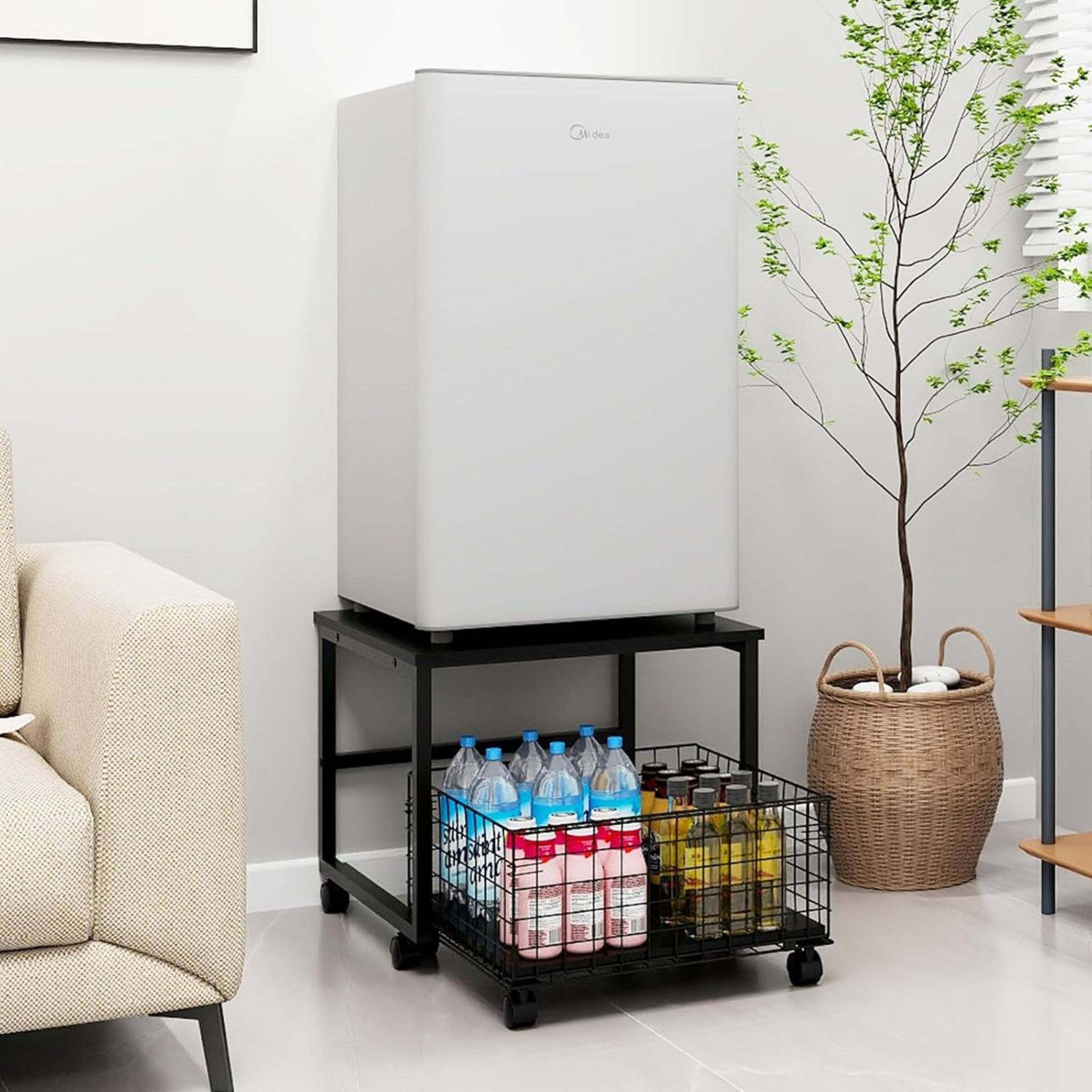 mobile mini fridge stand with storage basket and lockable wheels