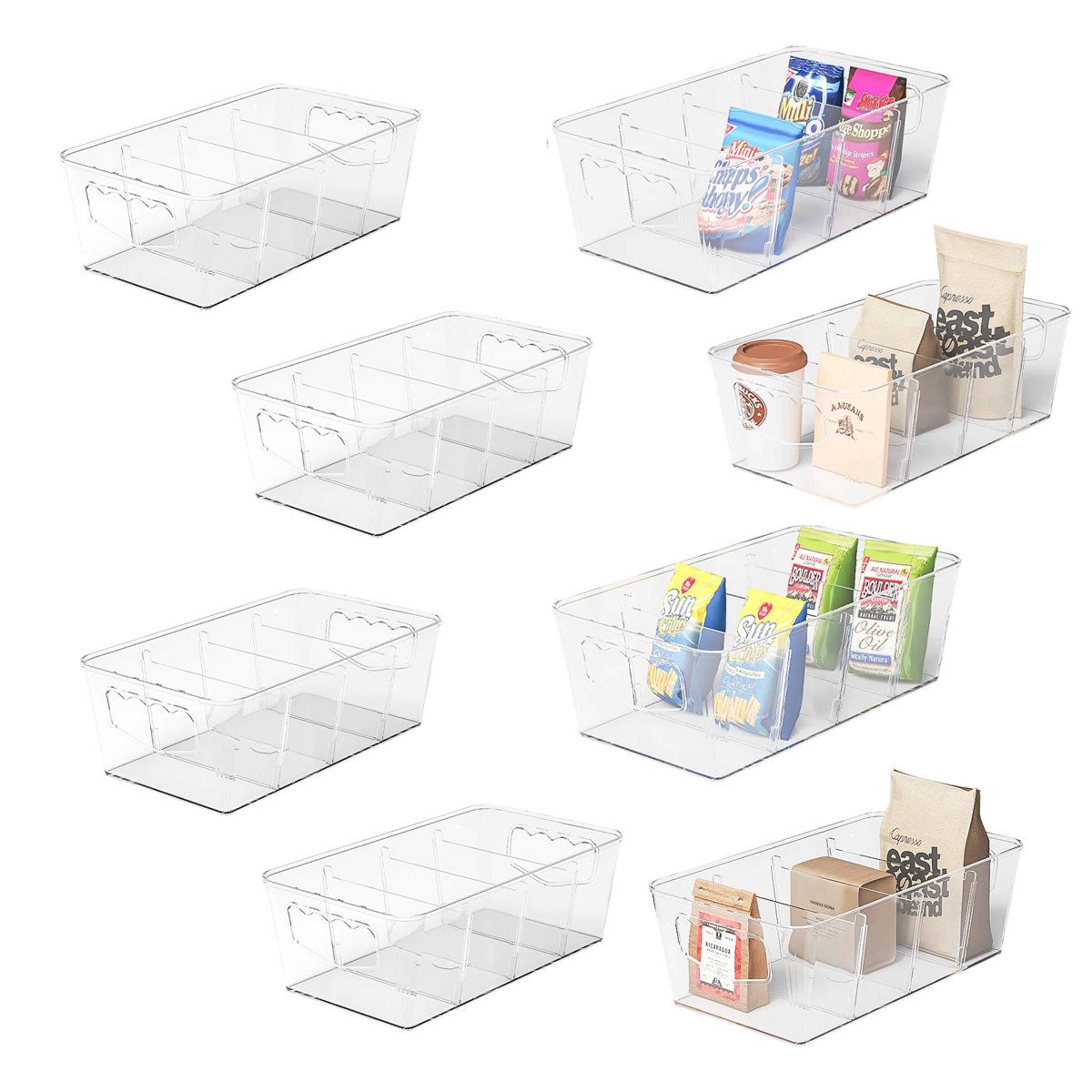 8 pack clear pantry organizer bins with removable dividers for fridge and cabinet storage