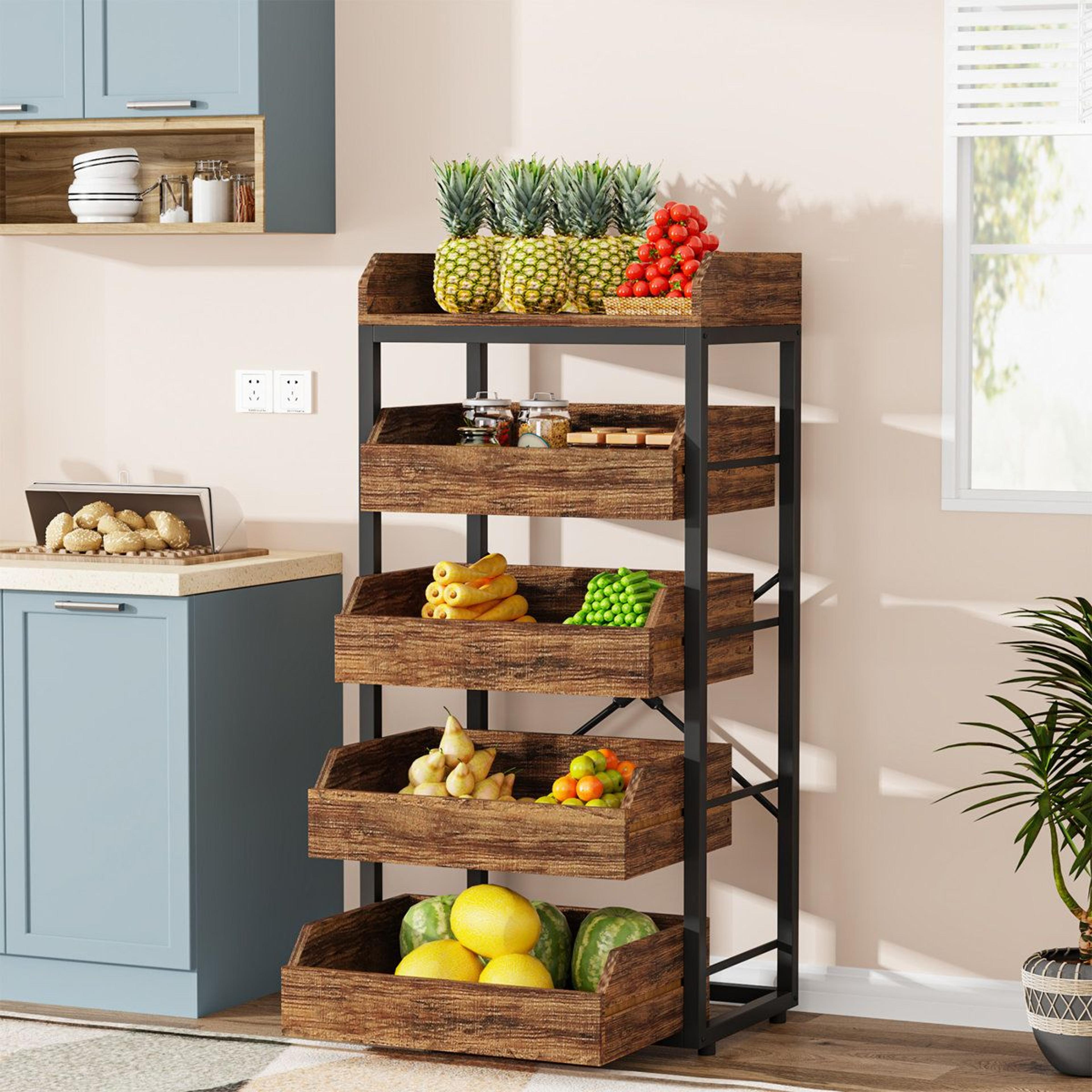 5 tier fruit and vegetable storage rack with slanted baskets and space saving kitchen organizer