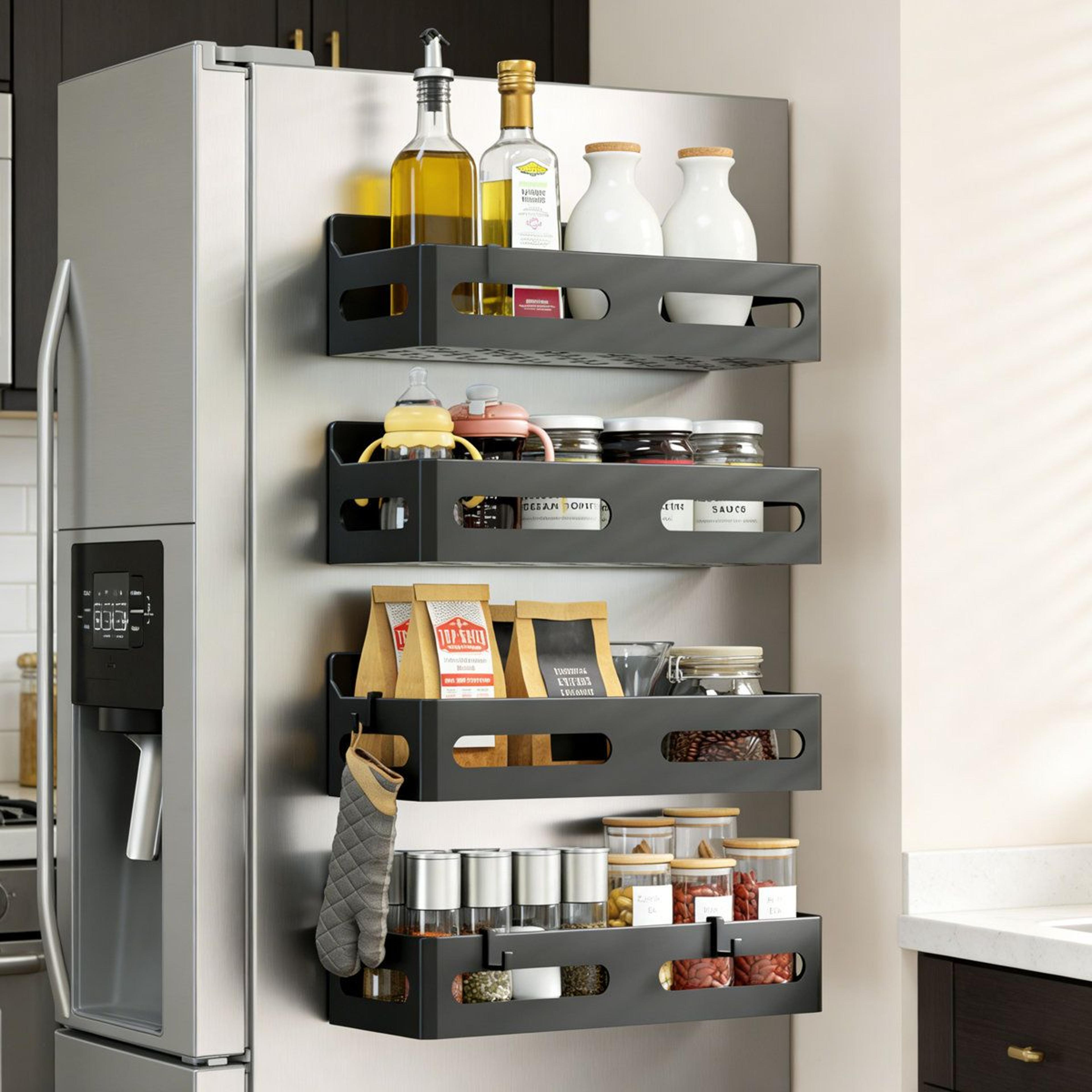 4 pack magnetic spice rack refrigerator organizer with hooks no drill storage shelf