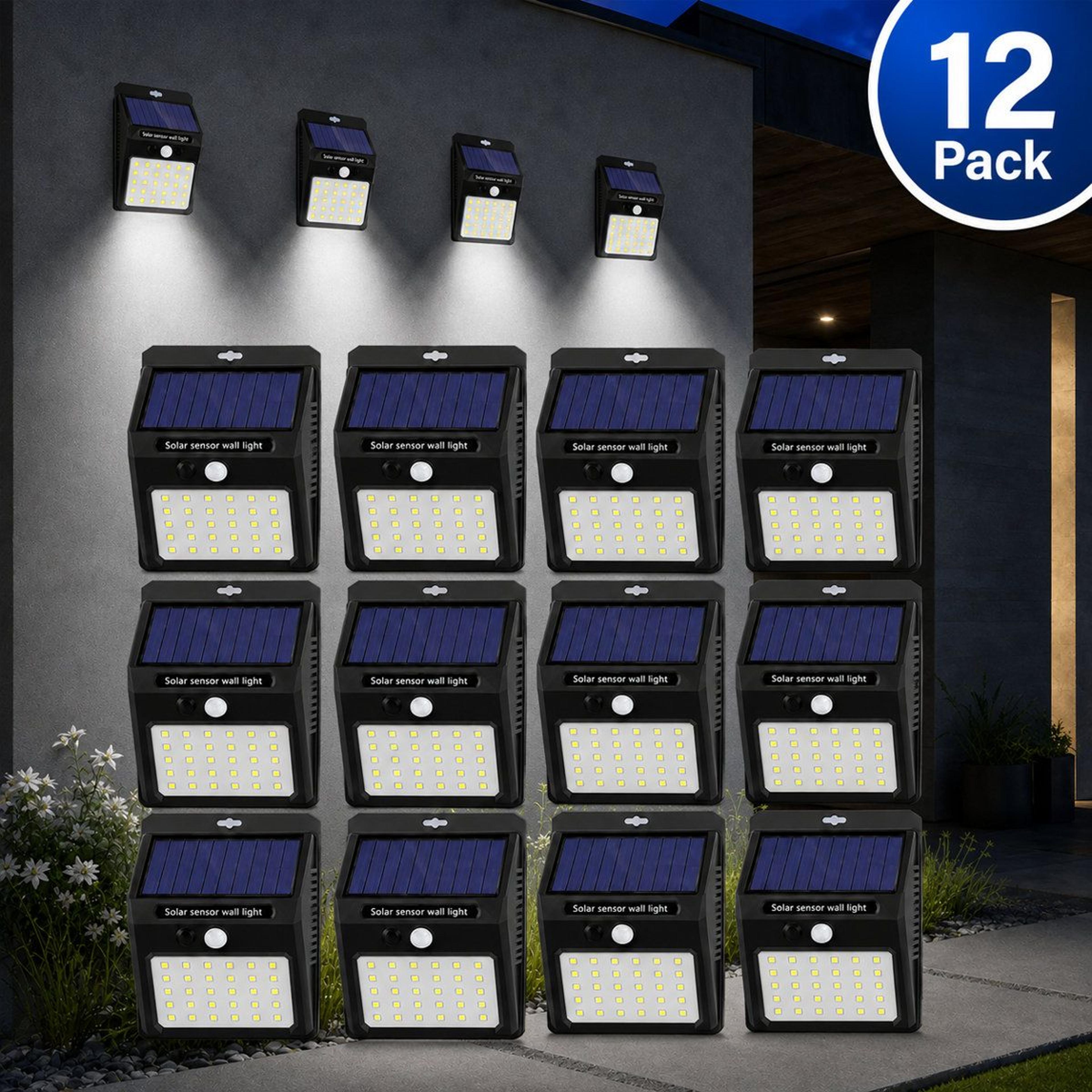 12 pack solar motion sensor lights waterproof outdoor security wall lights