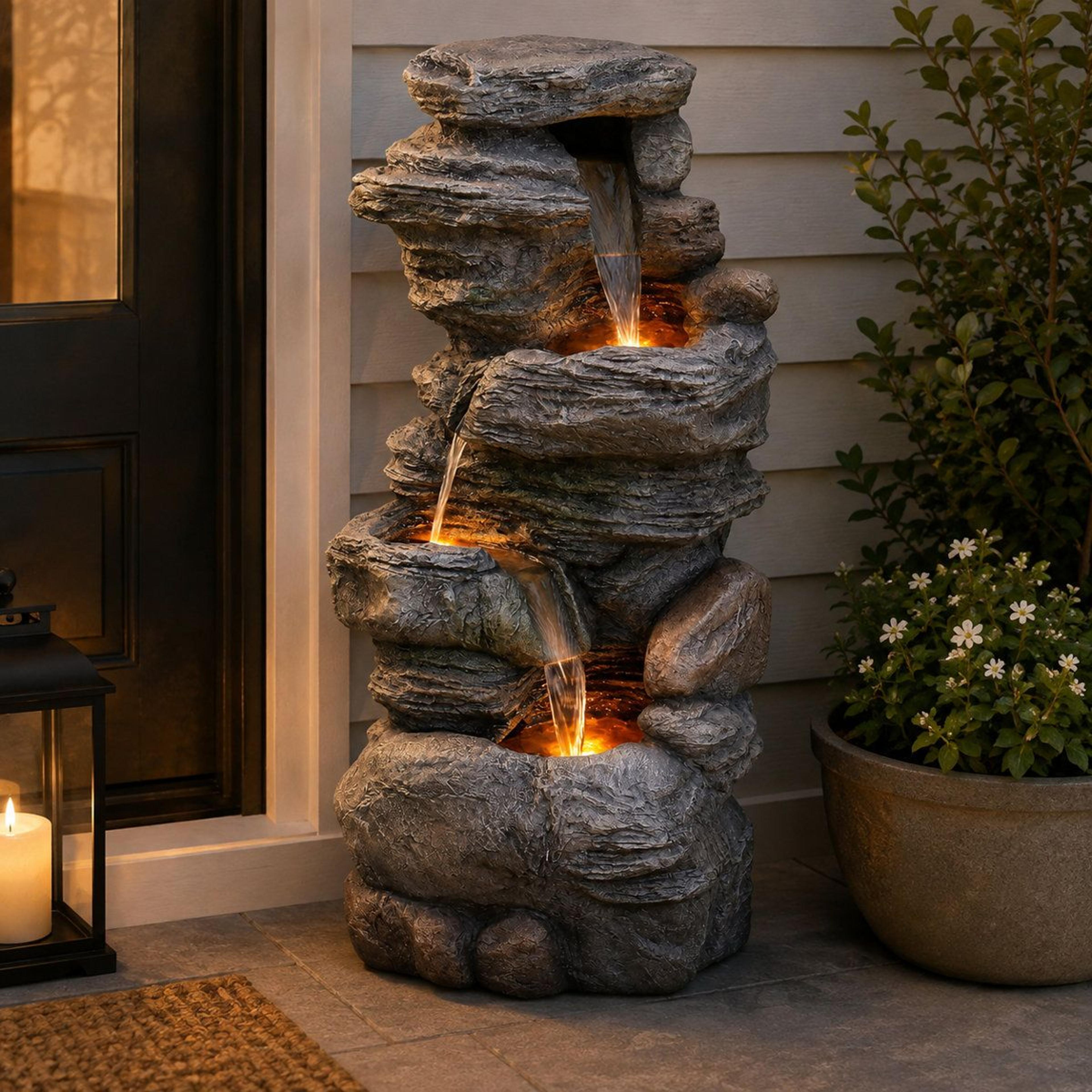 39 inch outdoor faux stone 4 tier waterfall fountain with led lights