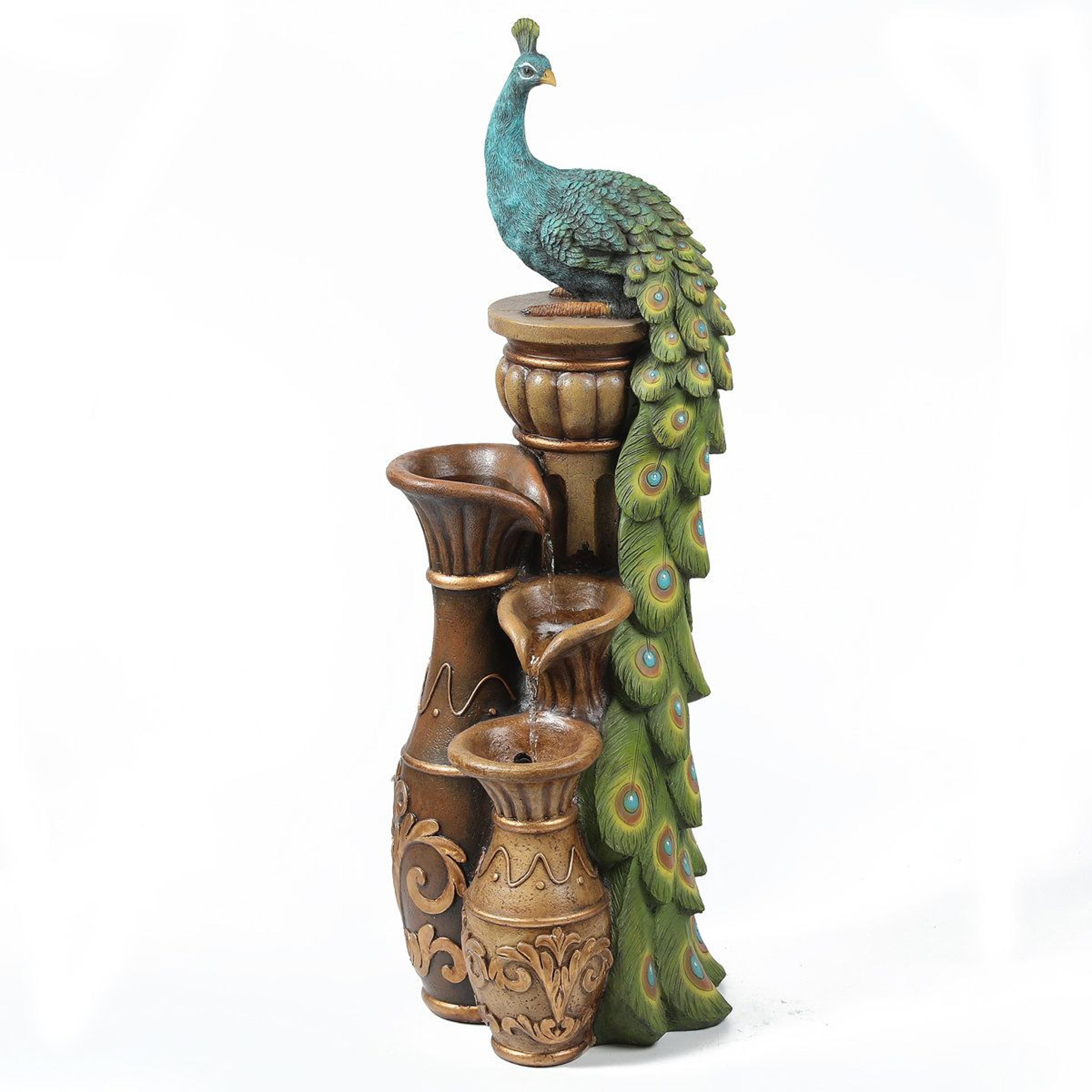 43.8 inch peacock outdoor water fountain with led lights and adjustable flow