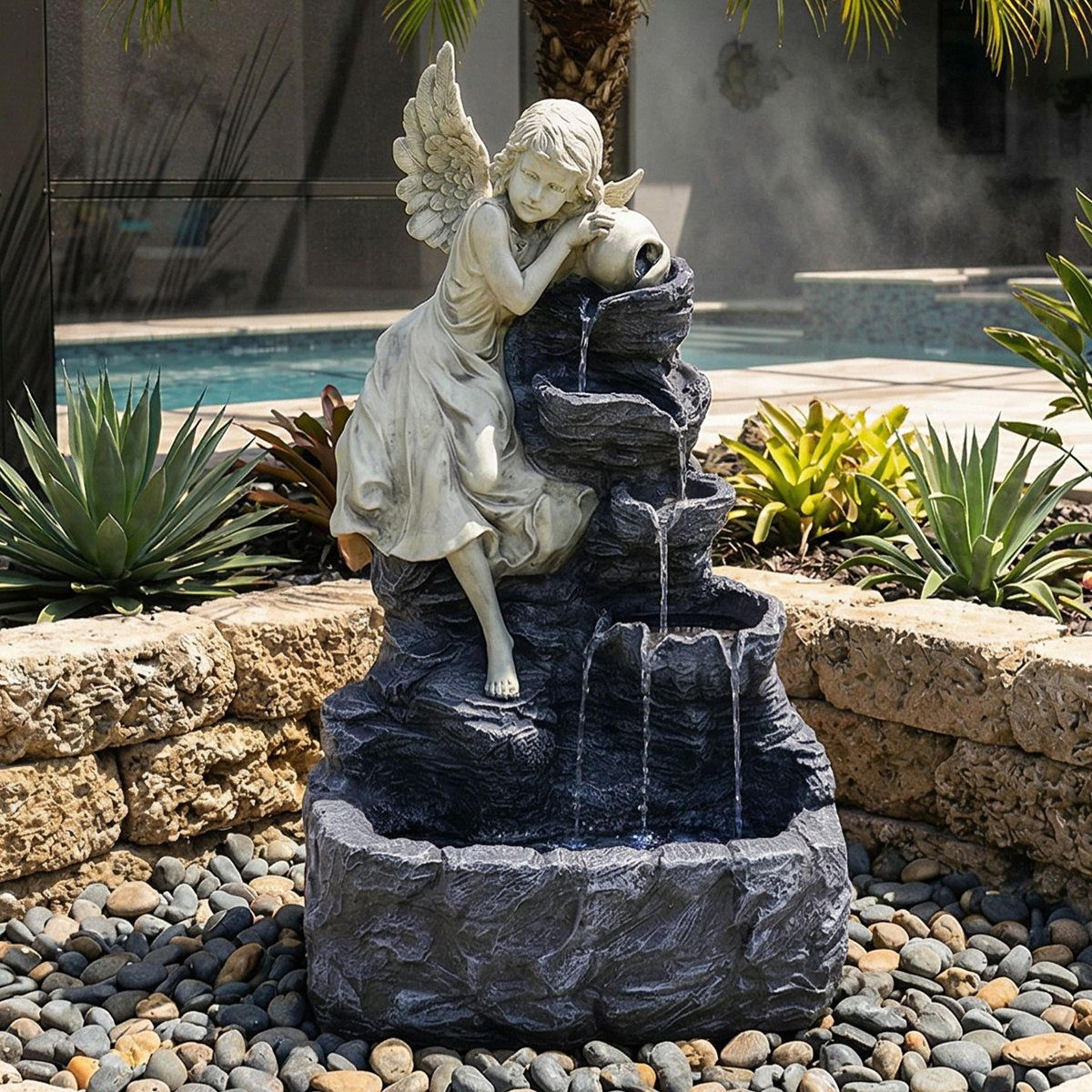 solar angel garden fountain with led light and battery backup