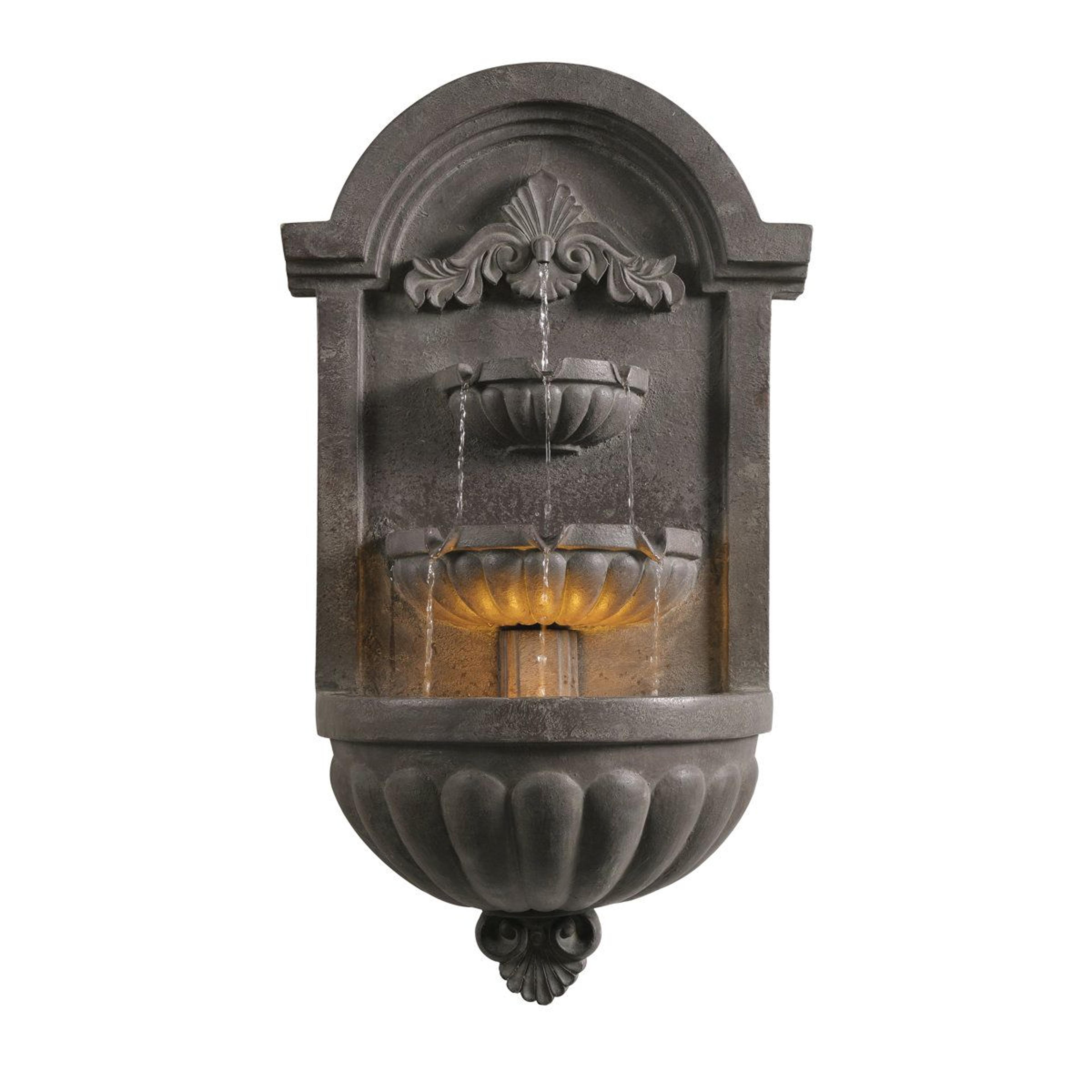 plum bronze wall mounted resin water fountain with light and two tier cascade