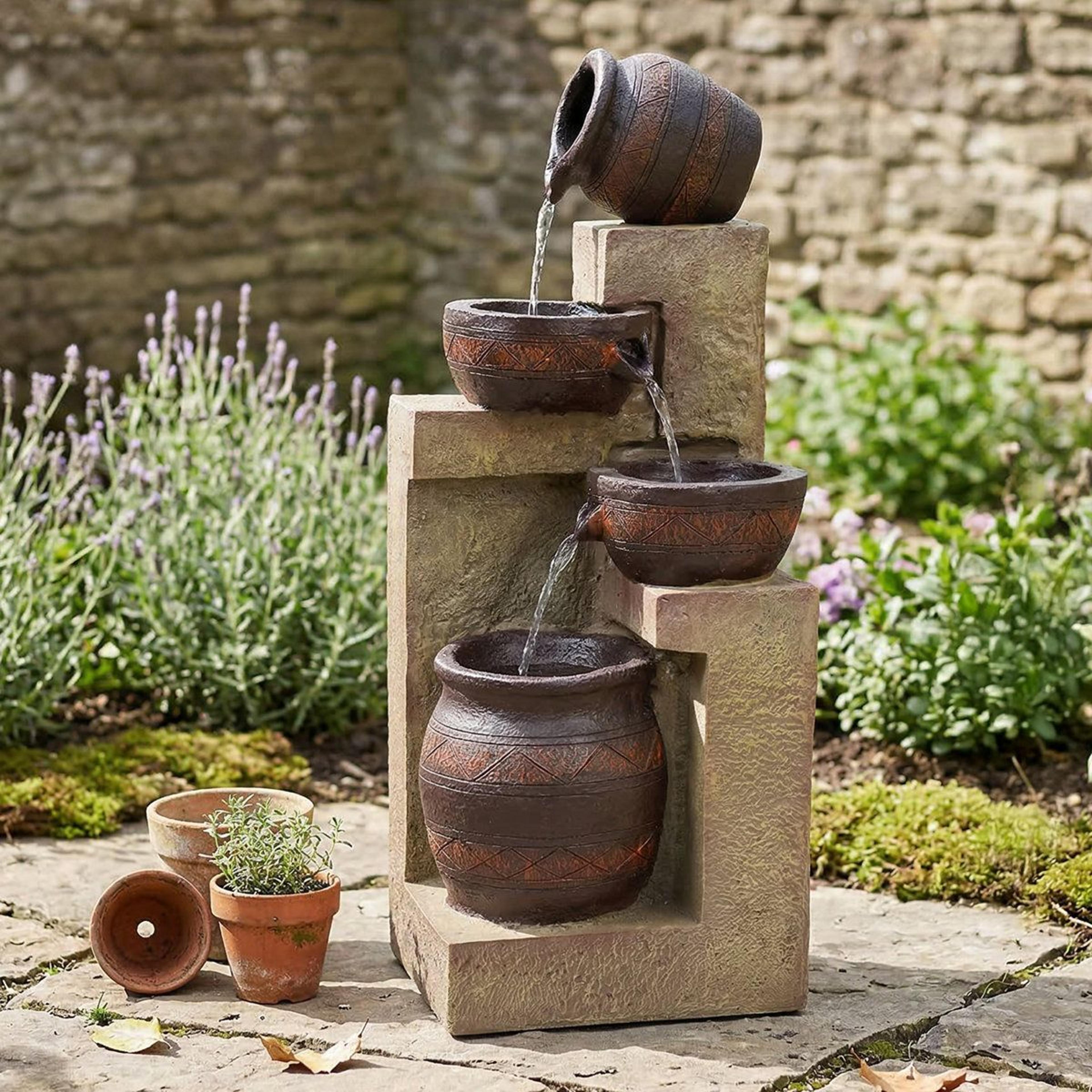 solar cascading outdoor garden fountain with led light and battery backup