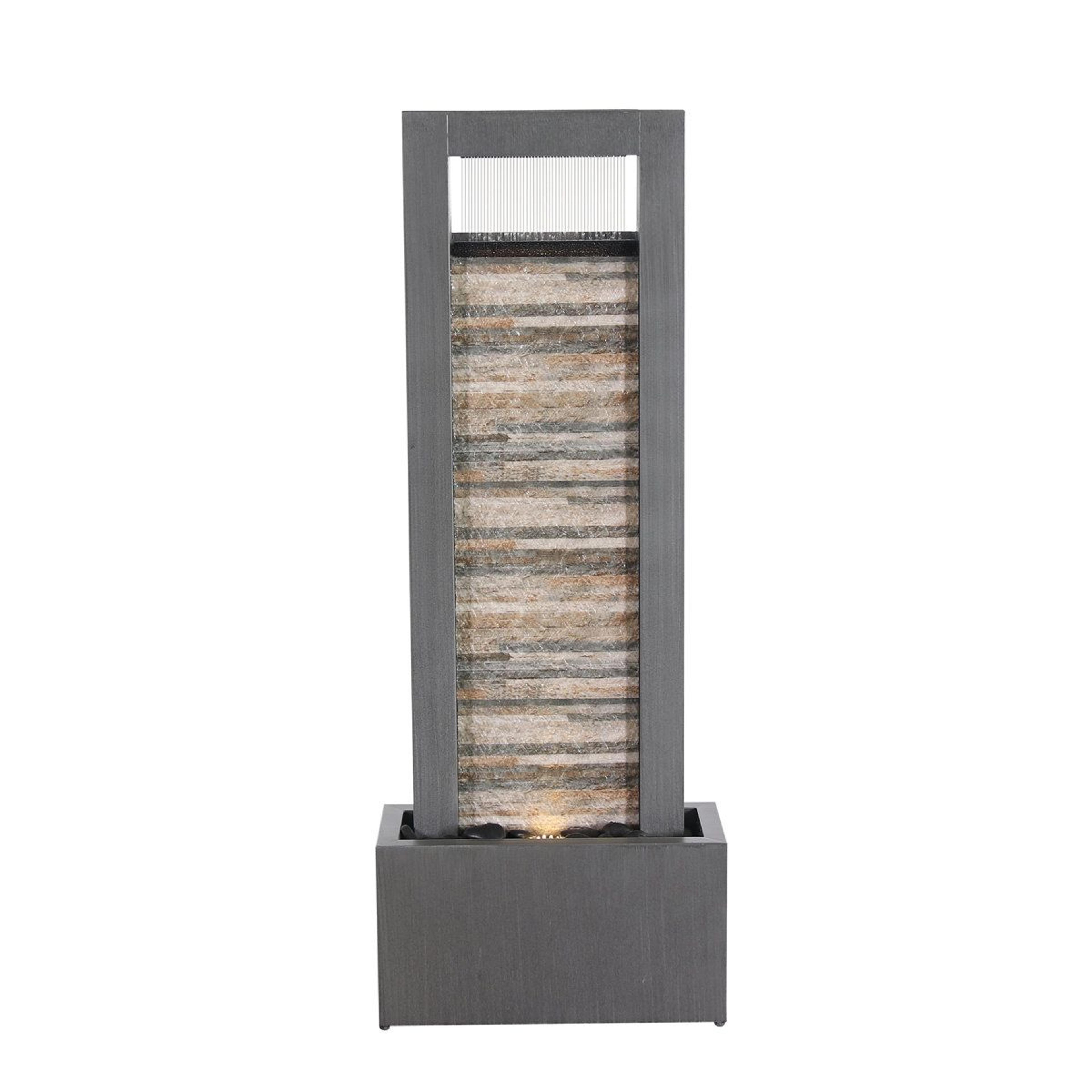 zen metal waterfall fountain with led lights and stone brick accent