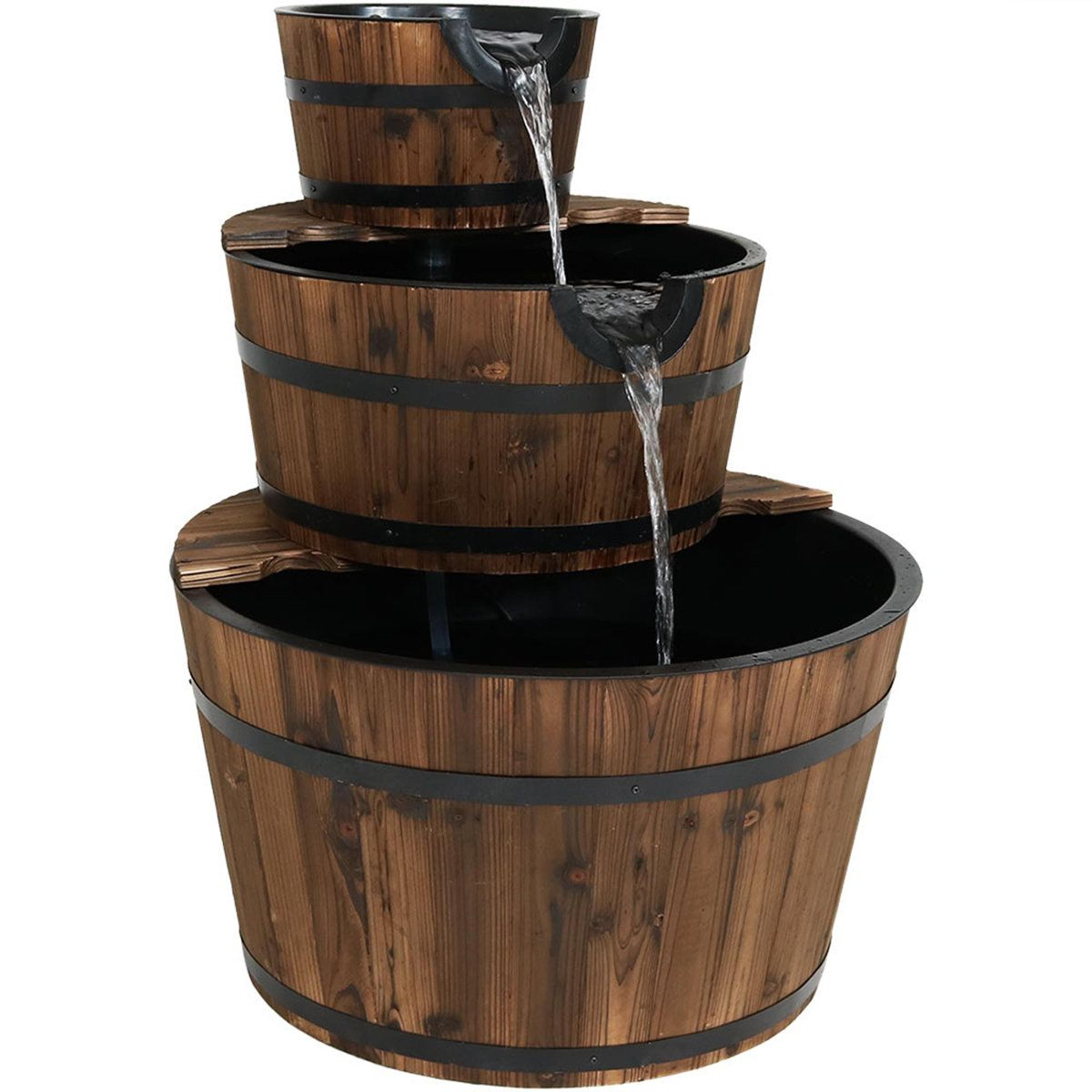 rustic wooden barrel 3 tier outdoor water fountain with quiet pump